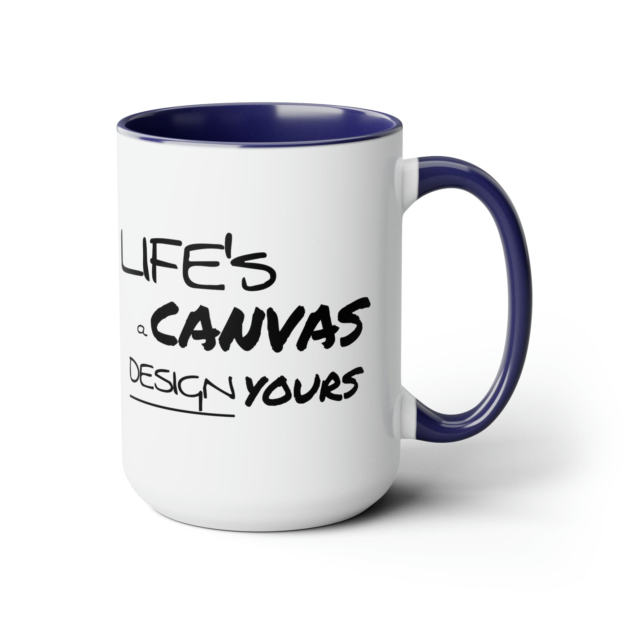 Black ceramic coffee mug with a motivational design, featuring a colored interior and handle, perfect for hot and cold beverages.