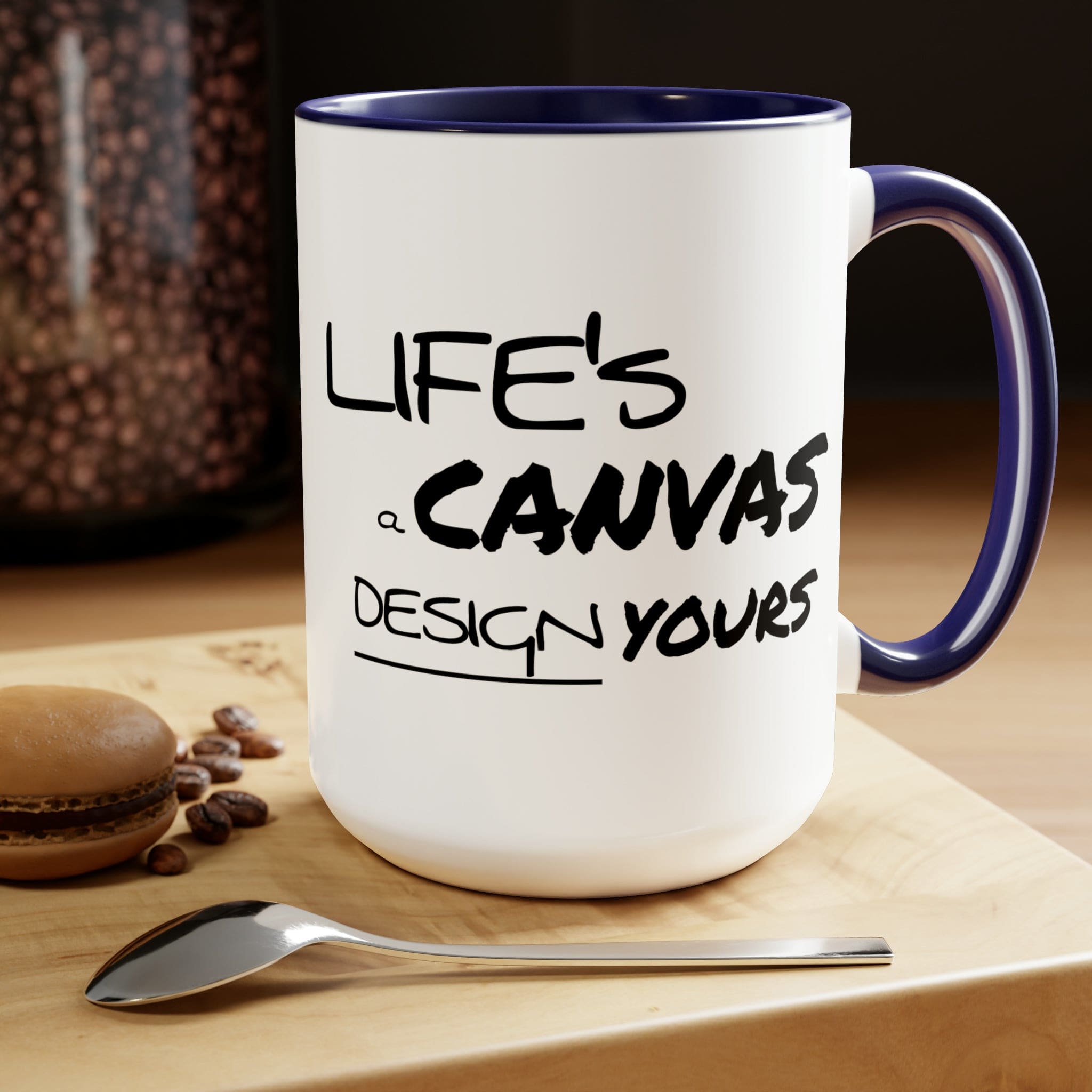 Black ceramic coffee mug with a motivational design, featuring a colored interior and handle, perfect for hot and cold beverages.