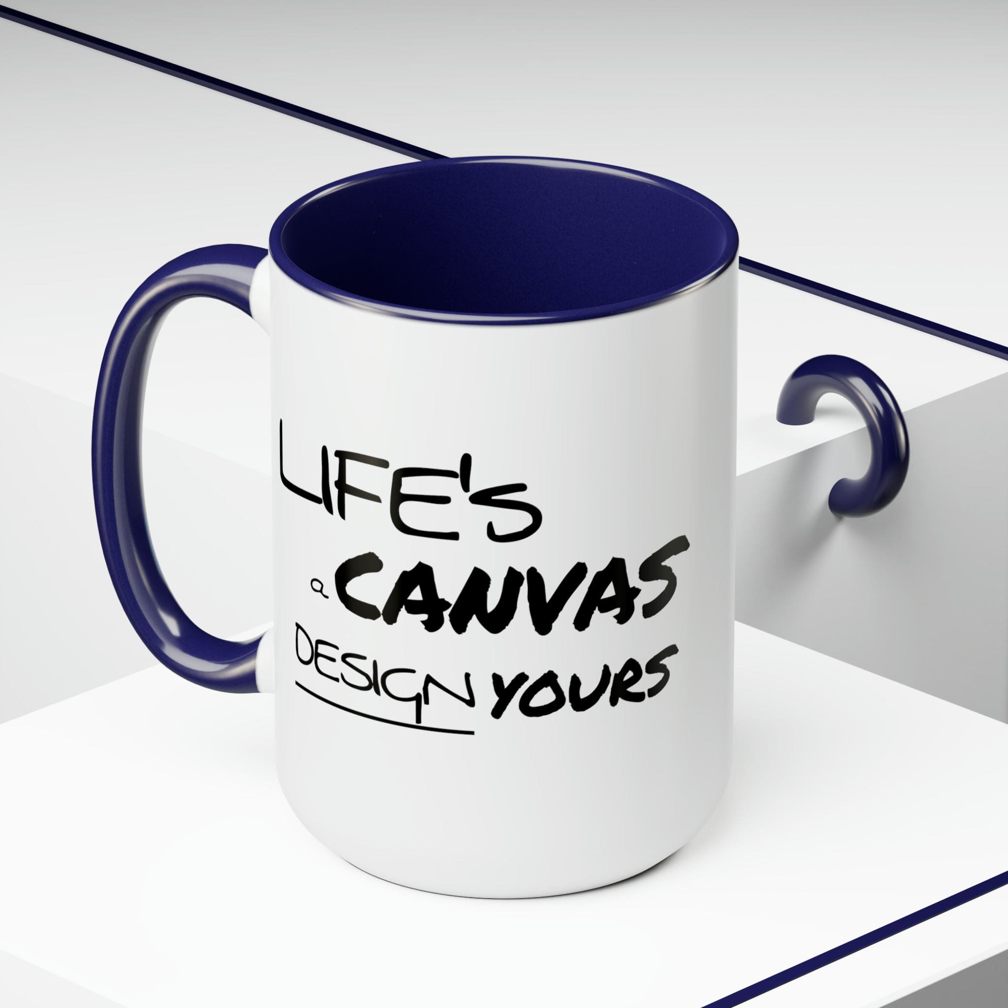 Black ceramic coffee mug with a motivational design, featuring a colored interior and handle, perfect for hot and cold beverages.