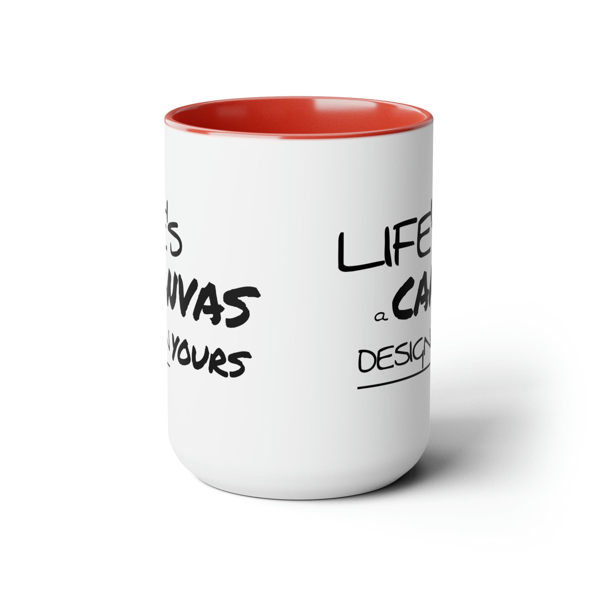 Black ceramic coffee mug with a motivational design, featuring a colored interior and handle, perfect for hot and cold beverages.