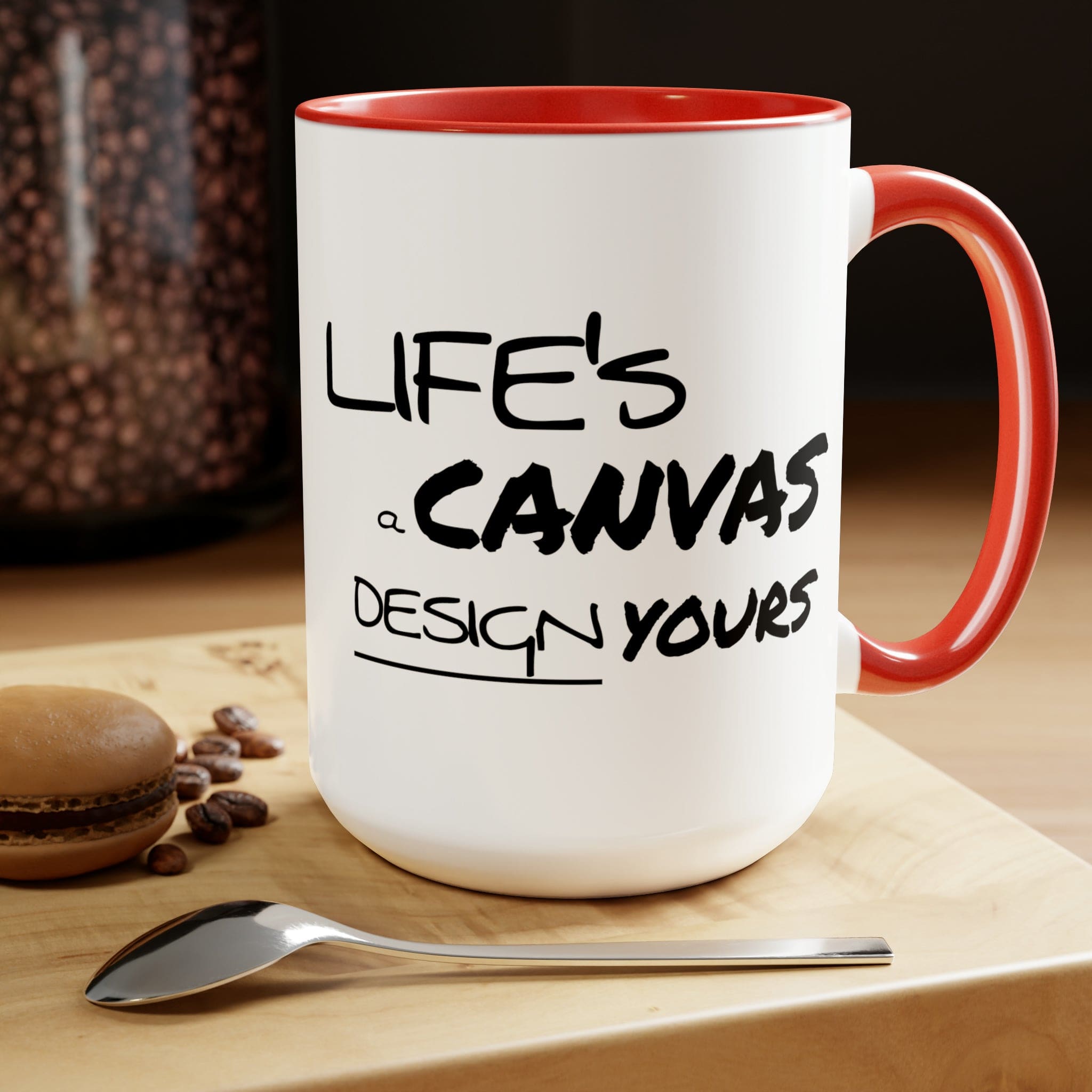 Black ceramic coffee mug with a motivational design, featuring a colored interior and handle, perfect for hot and cold beverages.