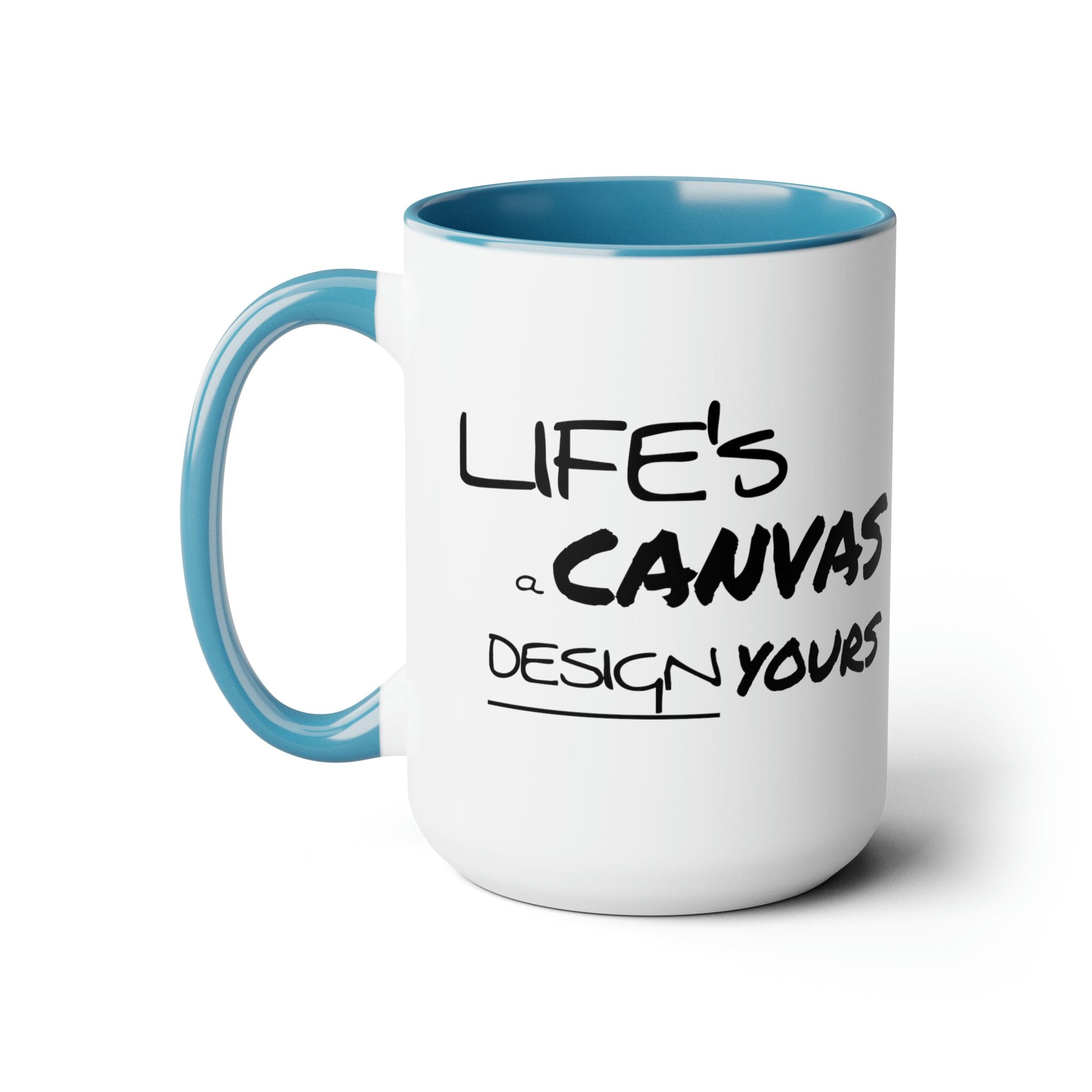 Black ceramic coffee mug with a motivational design, featuring a colored interior and handle, perfect for hot and cold beverages.