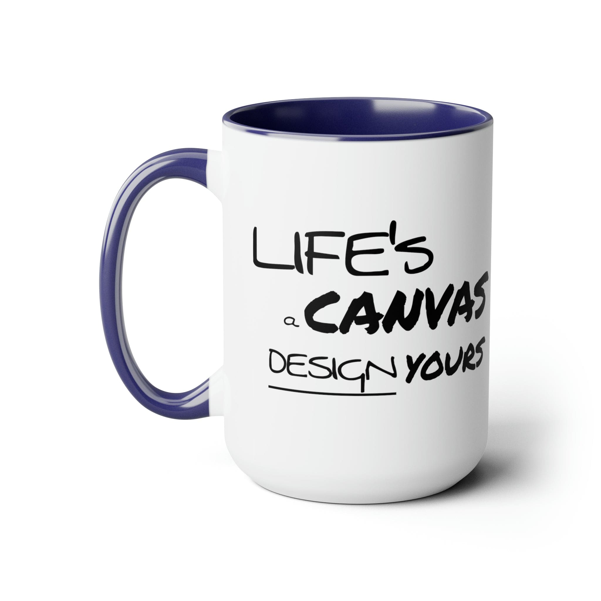 Black ceramic coffee mug with a motivational design, featuring a colored interior and handle, perfect for hot and cold beverages.