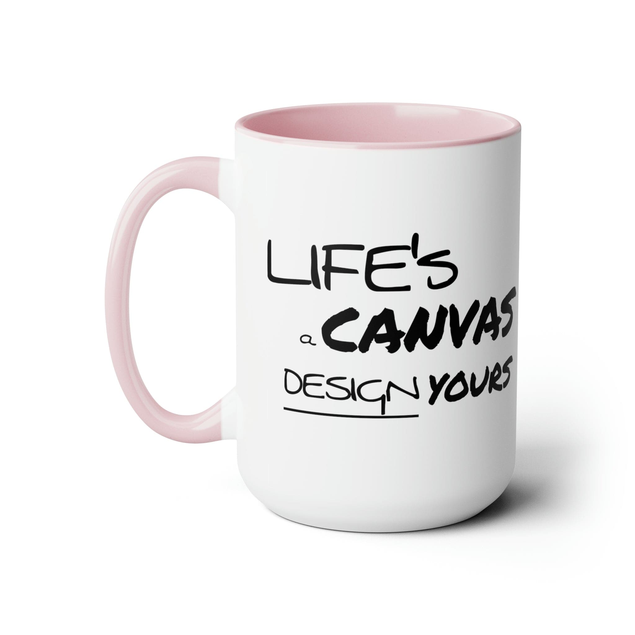 Black ceramic coffee mug with a motivational design, featuring a colored interior and handle, perfect for hot and cold beverages.