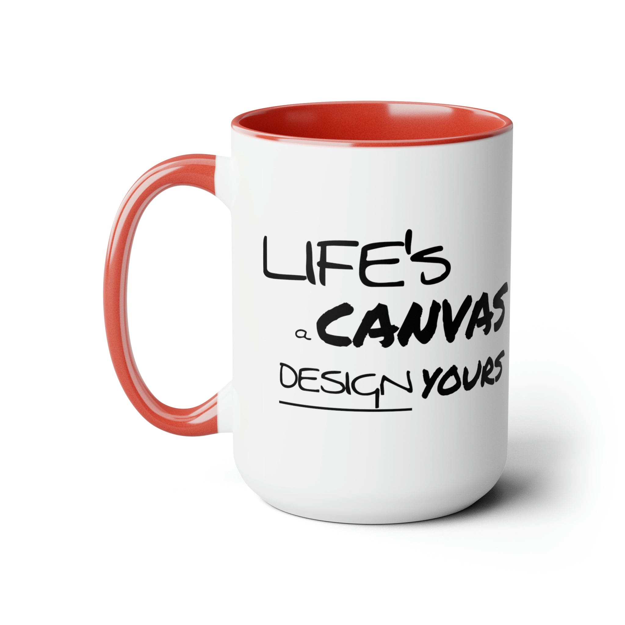 Black ceramic coffee mug with a motivational design, featuring a colored interior and handle, perfect for hot and cold beverages.