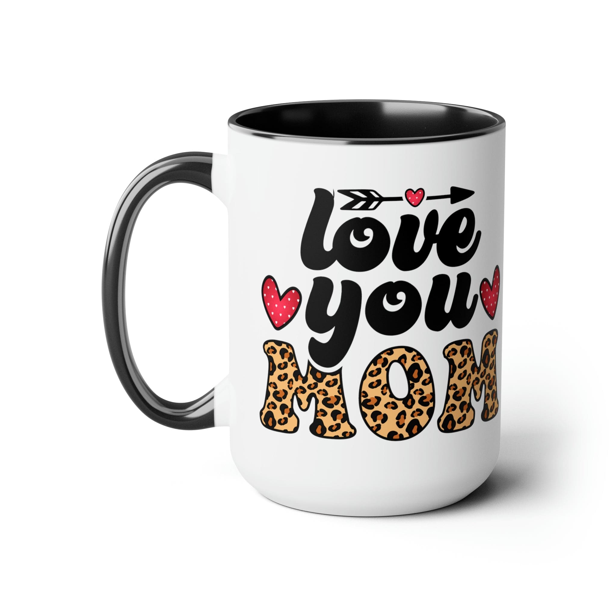 Accent Ceramic Coffee Mug featuring a Love You Mom leopard print design with a black exterior and colored interior, perfect for hot and cold beverages.