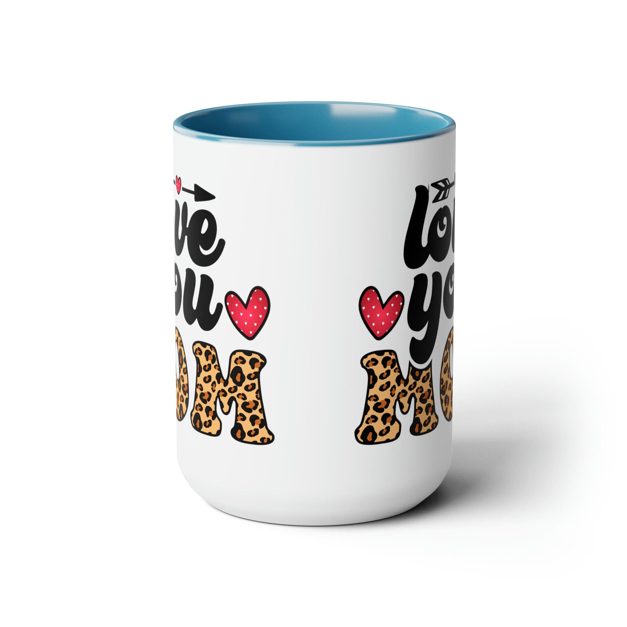 Accent Ceramic Coffee Mug featuring a Love You Mom leopard print design with a black exterior and colored interior, perfect for hot and cold beverages.