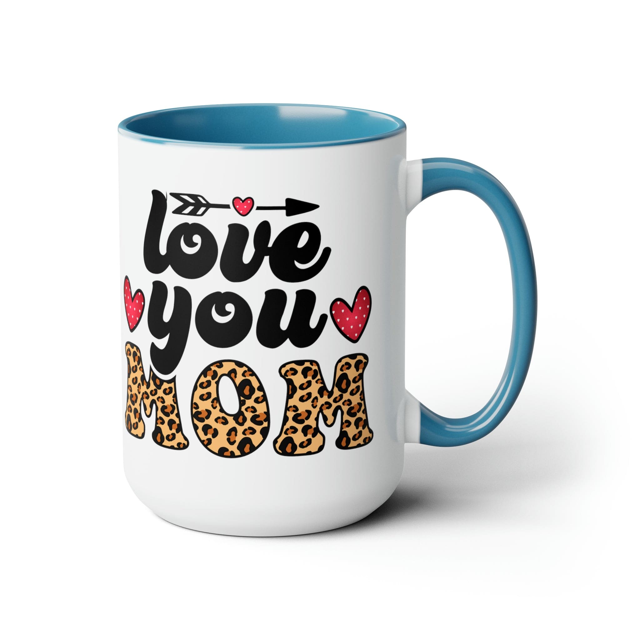 Accent Ceramic Coffee Mug featuring a Love You Mom leopard print design with a black exterior and colored interior, perfect for hot and cold beverages.