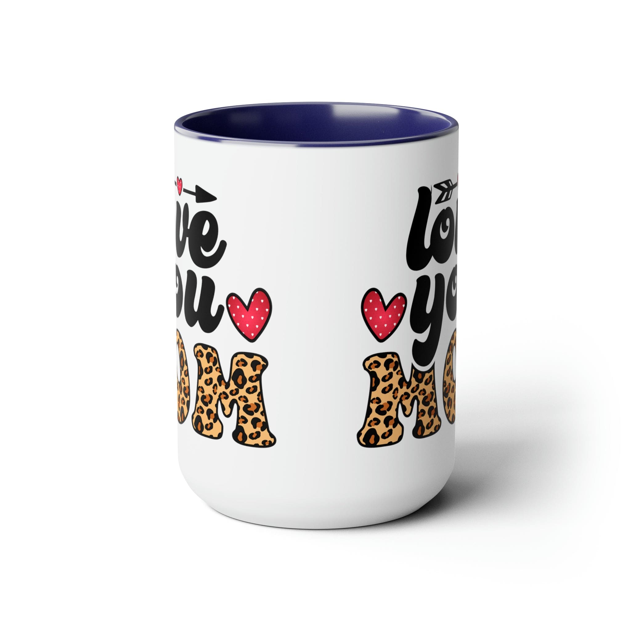 Accent Ceramic Coffee Mug featuring a Love You Mom leopard print design with a black exterior and colored interior, perfect for hot and cold beverages.