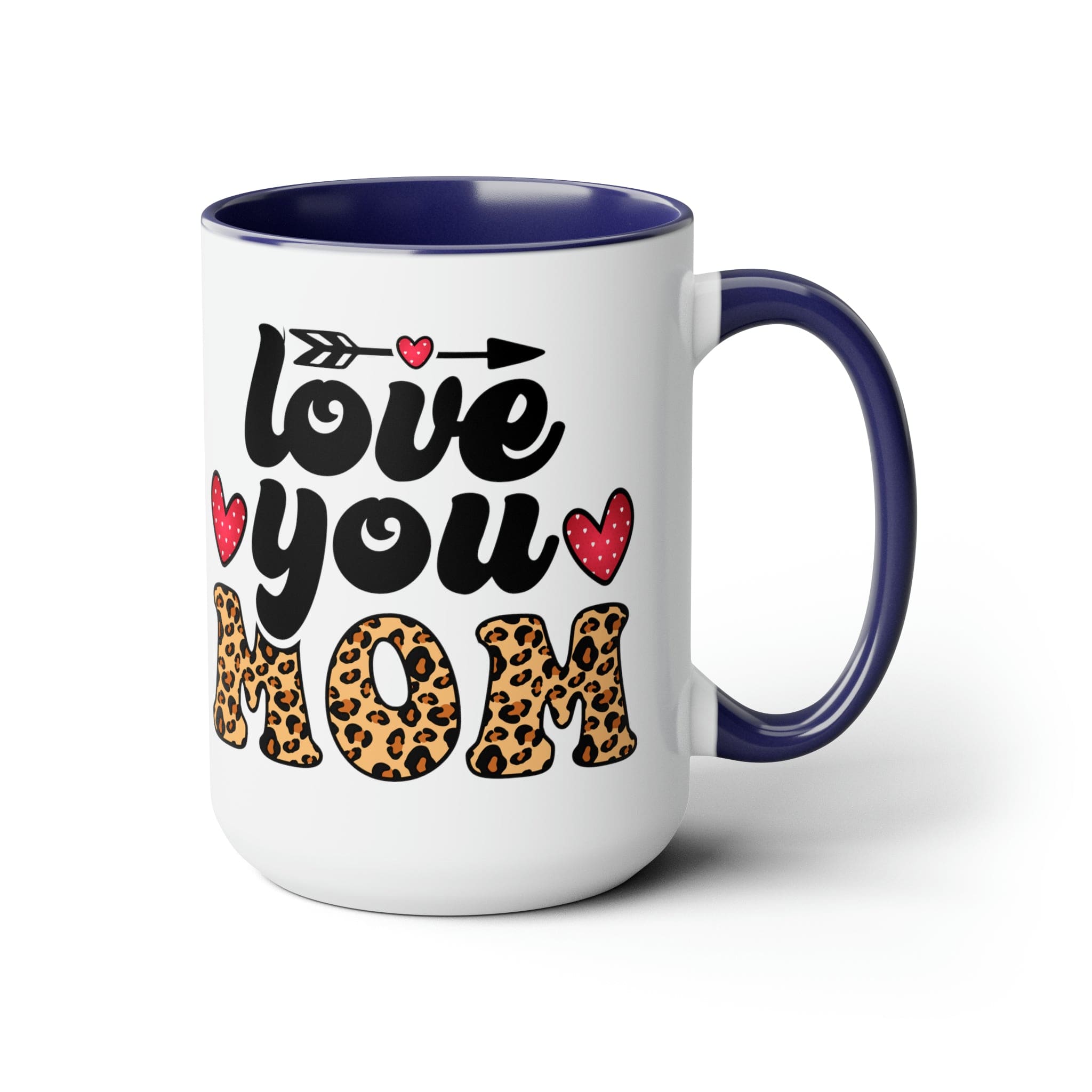 Accent Ceramic Coffee Mug featuring a Love You Mom leopard print design with a black exterior and colored interior, perfect for hot and cold beverages.