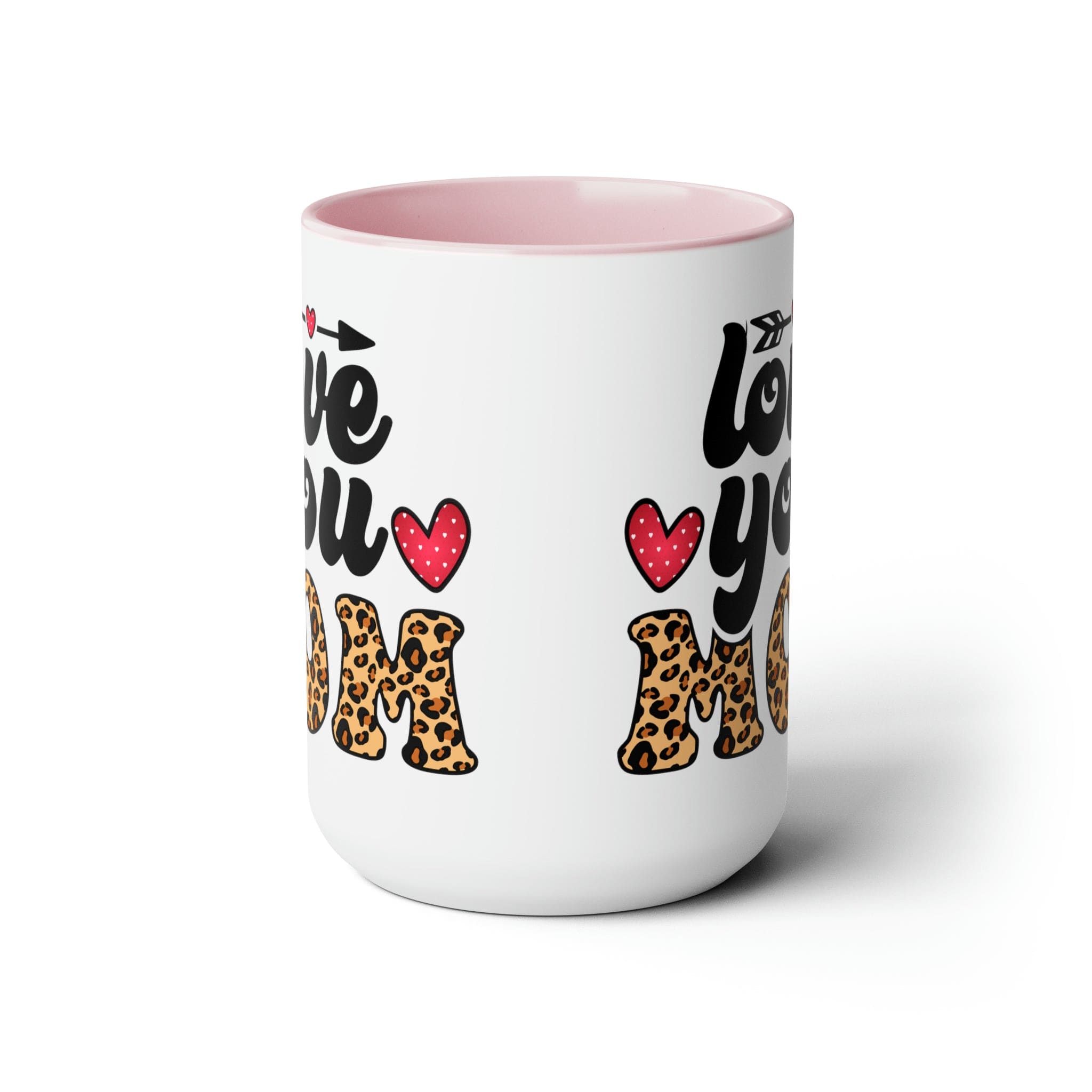 Accent Ceramic Coffee Mug featuring a Love You Mom leopard print design with a black exterior and colored interior, perfect for hot and cold beverages.