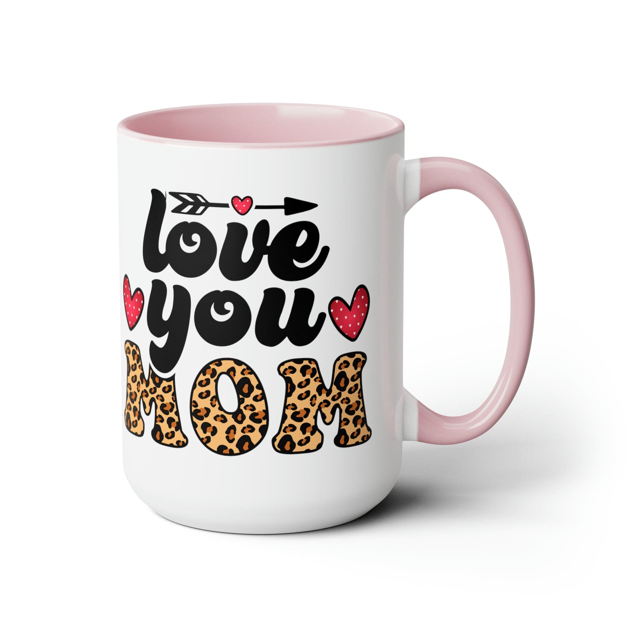 Accent Ceramic Coffee Mug featuring a Love You Mom leopard print design with a black exterior and colored interior, perfect for hot and cold beverages.