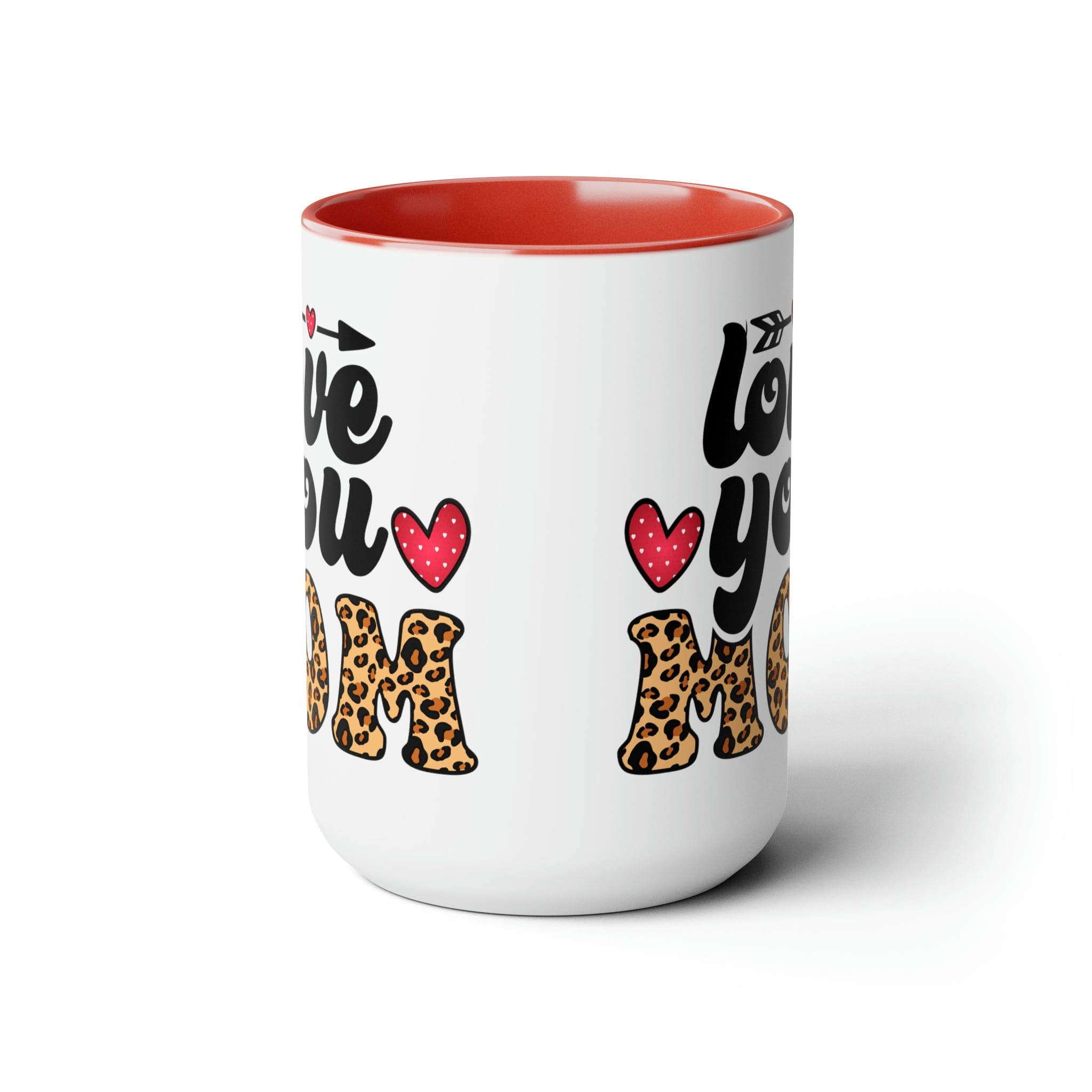 Accent Ceramic Coffee Mug featuring a Love You Mom leopard print design with a black exterior and colored interior, perfect for hot and cold beverages.