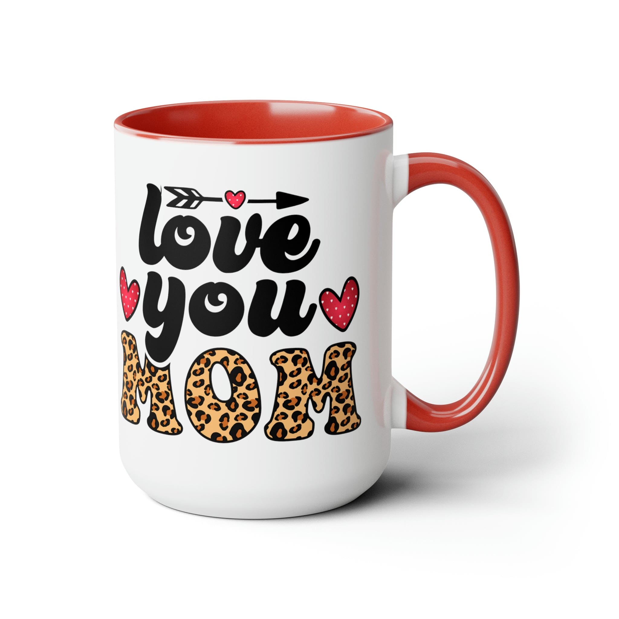 Accent Ceramic Coffee Mug featuring a Love You Mom leopard print design with a black exterior and colored interior, perfect for hot and cold beverages.