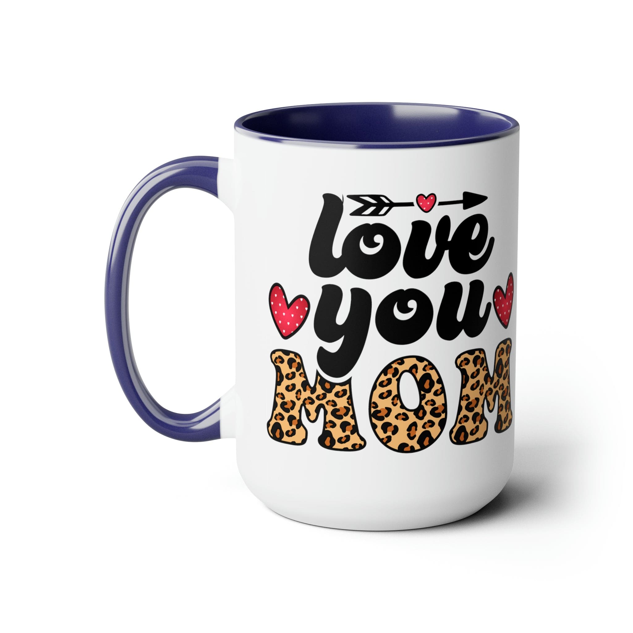 Accent Ceramic Coffee Mug featuring a Love You Mom leopard print design with a black exterior and colored interior, perfect for hot and cold beverages.