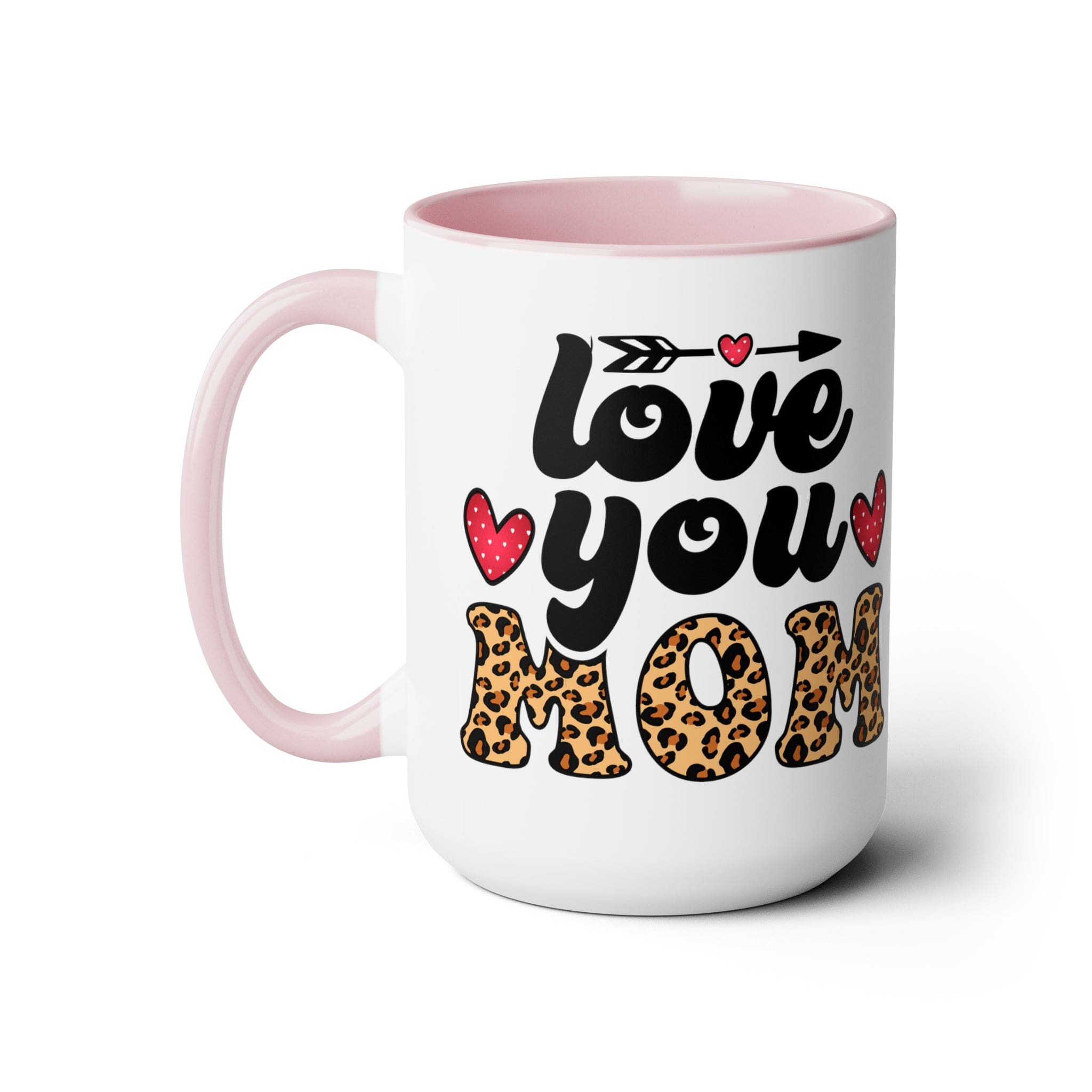 Accent Ceramic Coffee Mug featuring a Love You Mom leopard print design with a black exterior and colored interior, perfect for hot and cold beverages.