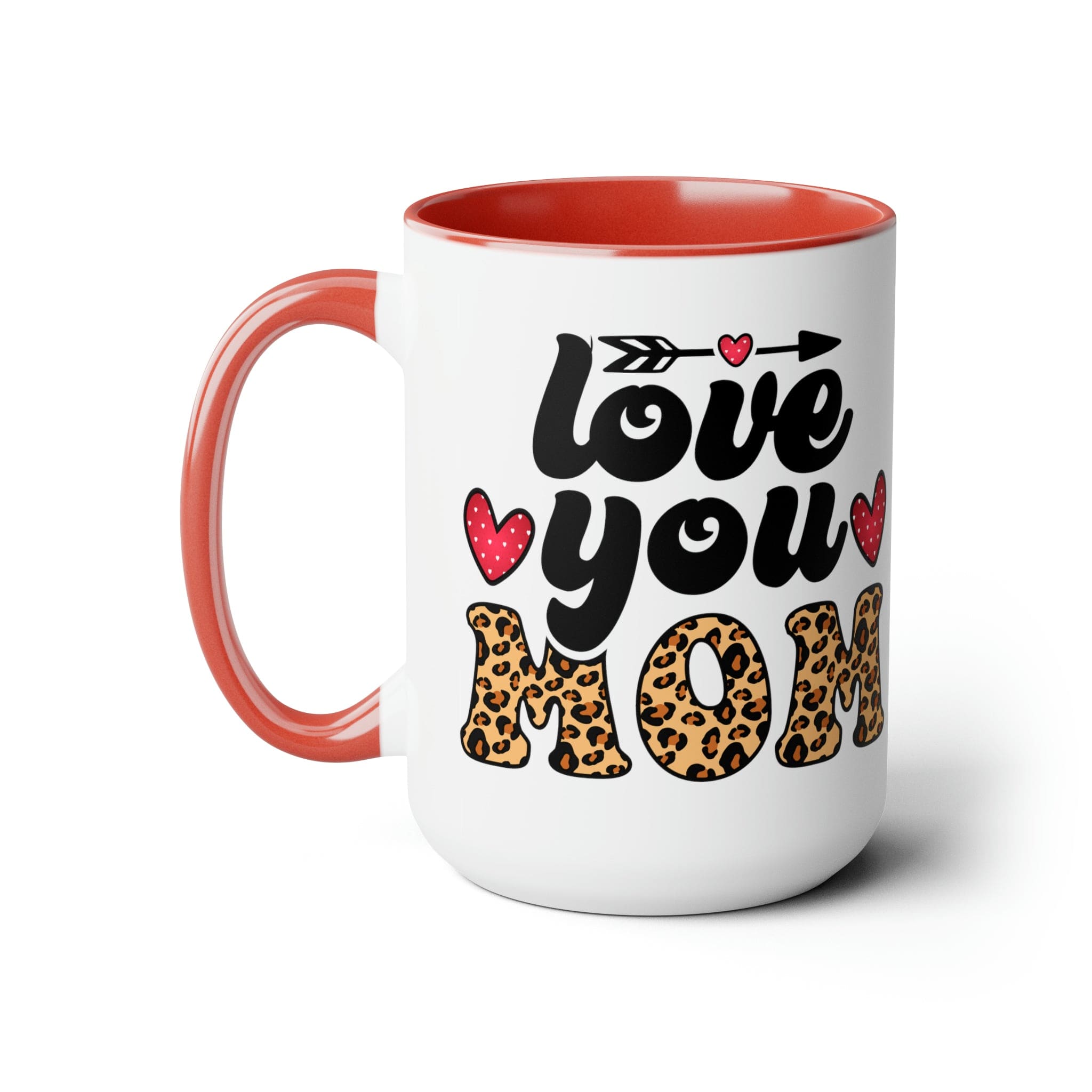 Accent Ceramic Coffee Mug featuring a Love You Mom leopard print design with a black exterior and colored interior, perfect for hot and cold beverages.