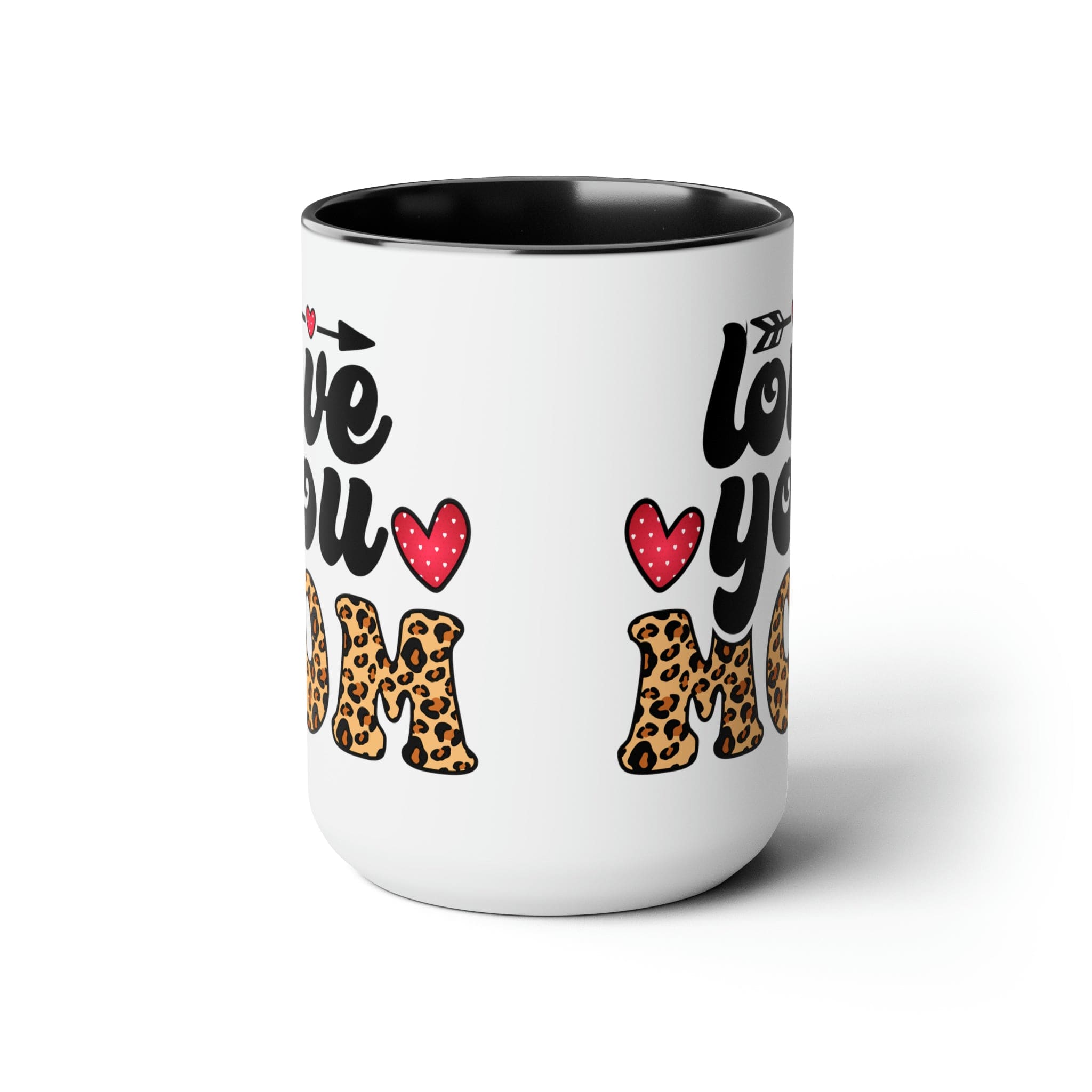 Accent Ceramic Coffee Mug featuring a Love You Mom leopard print design with a black exterior and colored interior, perfect for hot and cold beverages.