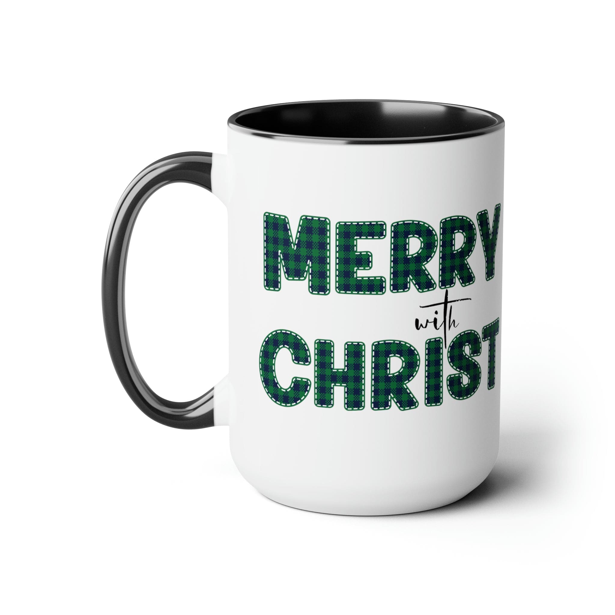 Accent Ceramic Coffee Mug 15oz featuring a Merry with Christ design in a green plaid pattern, perfect for holiday beverages.