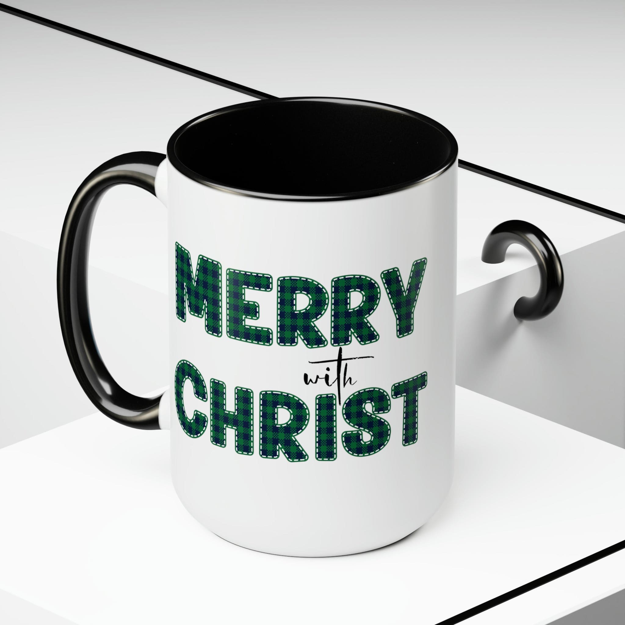 Accent Ceramic Coffee Mug 15oz featuring a Merry with Christ design in a green plaid pattern, perfect for holiday beverages.