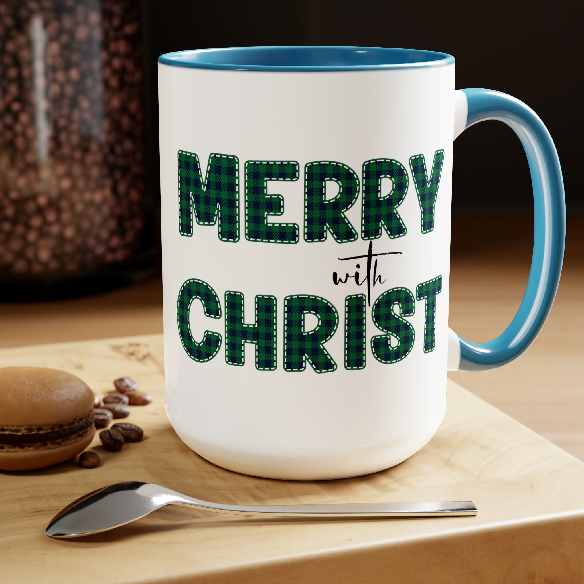 Accent Ceramic Coffee Mug 15oz featuring a Merry with Christ design in a green plaid pattern, perfect for holiday beverages.