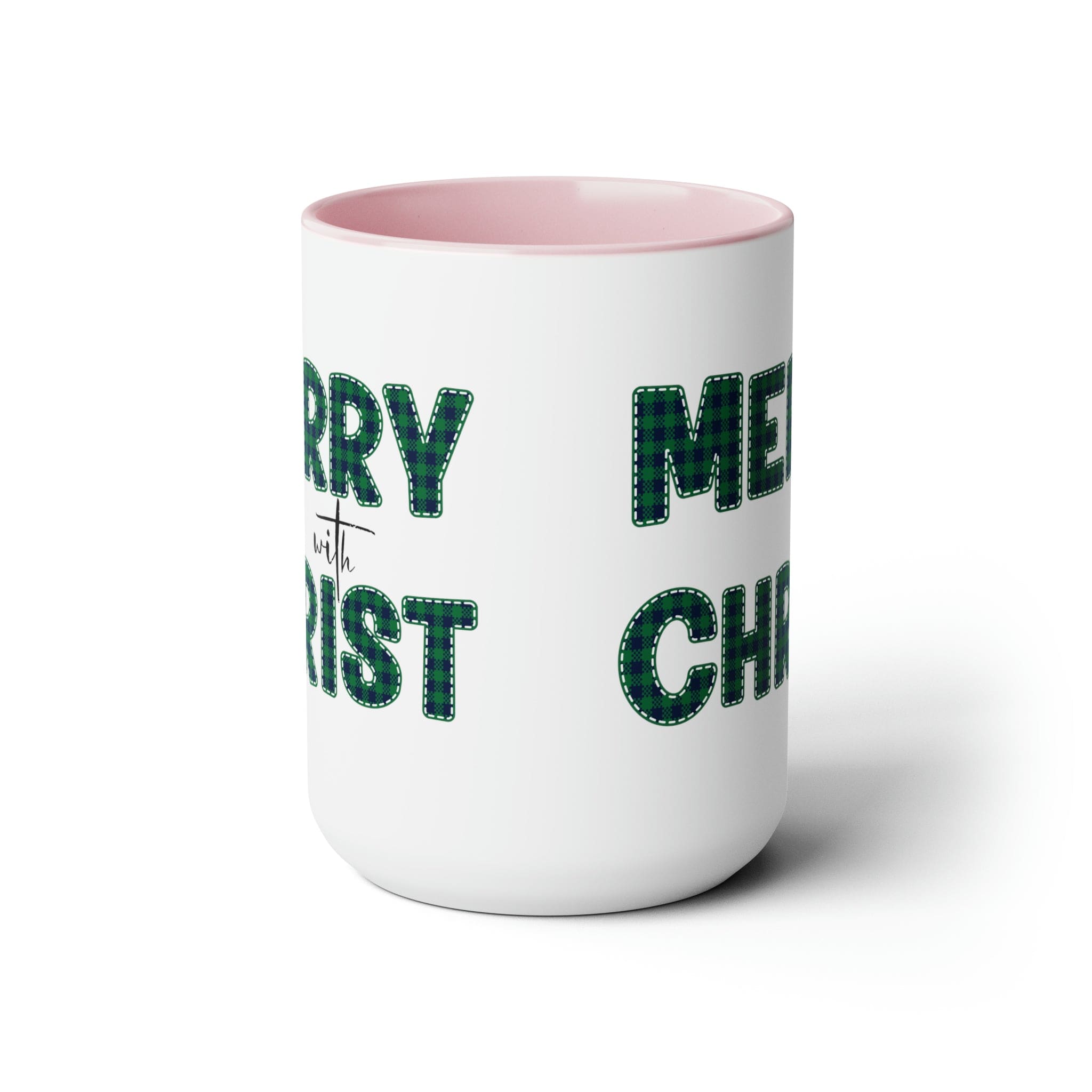 Accent Ceramic Coffee Mug 15oz featuring a Merry with Christ design in a green plaid pattern, perfect for holiday beverages.