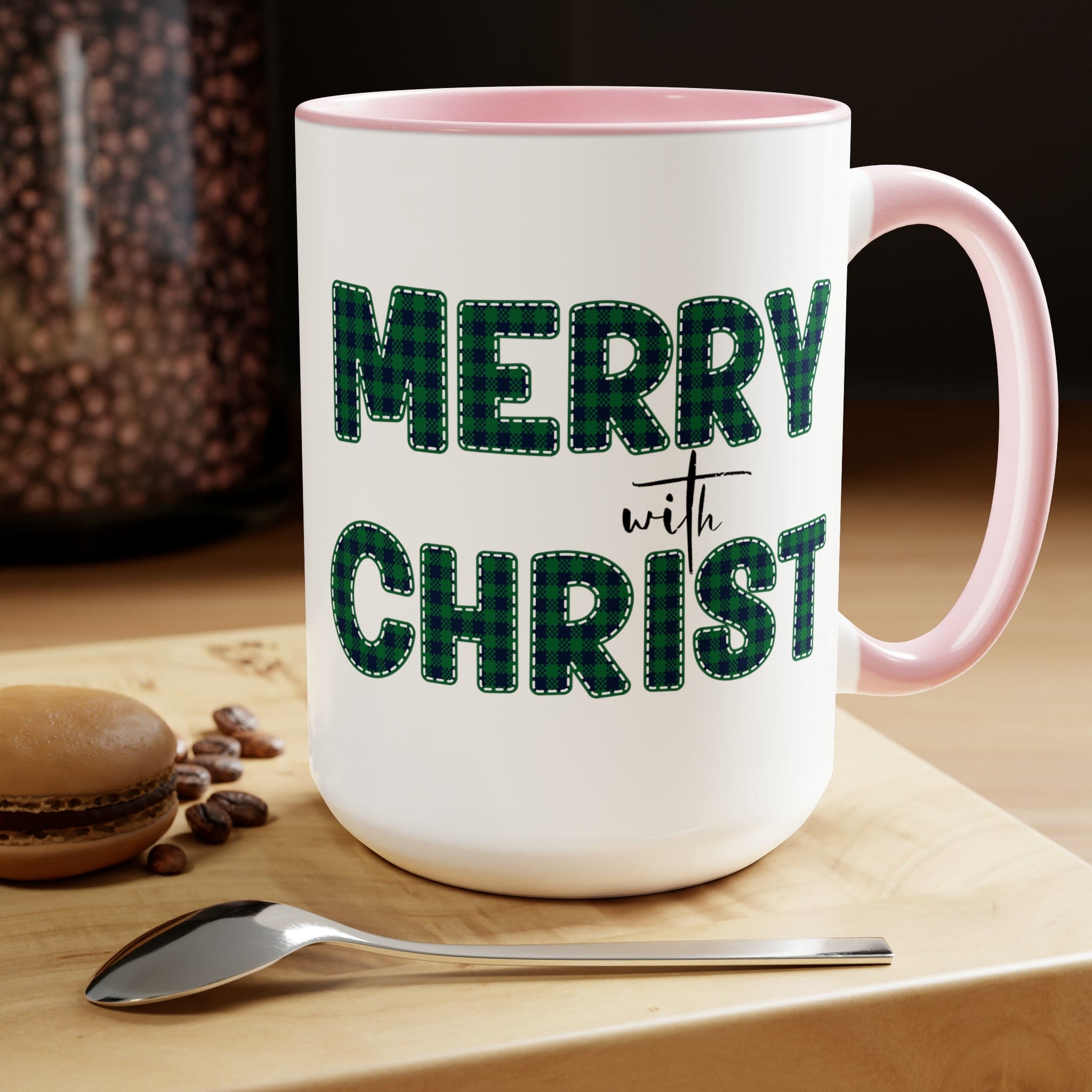 Accent Ceramic Coffee Mug 15oz featuring a Merry with Christ design in a green plaid pattern, perfect for holiday beverages.