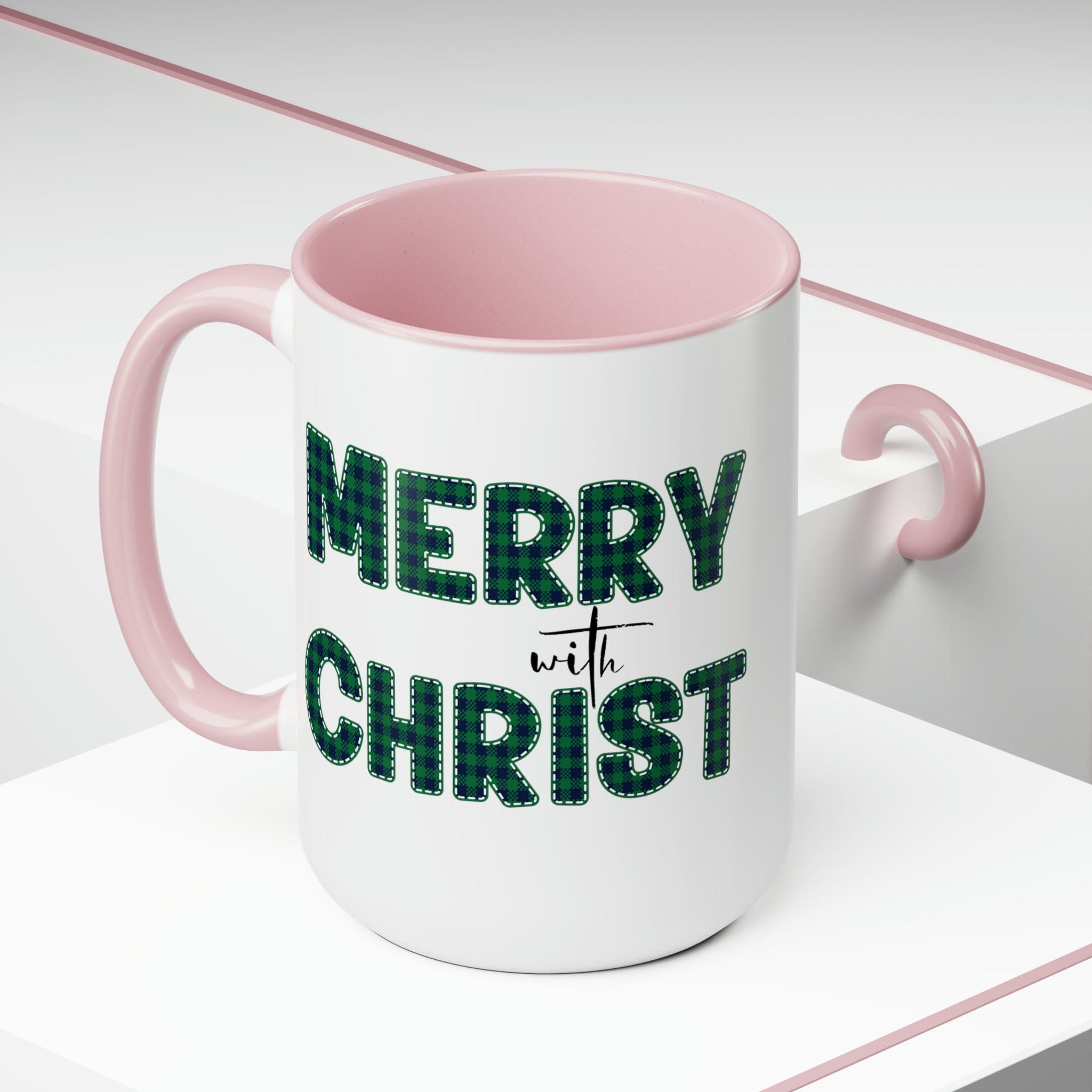 Accent Ceramic Coffee Mug 15oz featuring a Merry with Christ design in a green plaid pattern, perfect for holiday beverages.