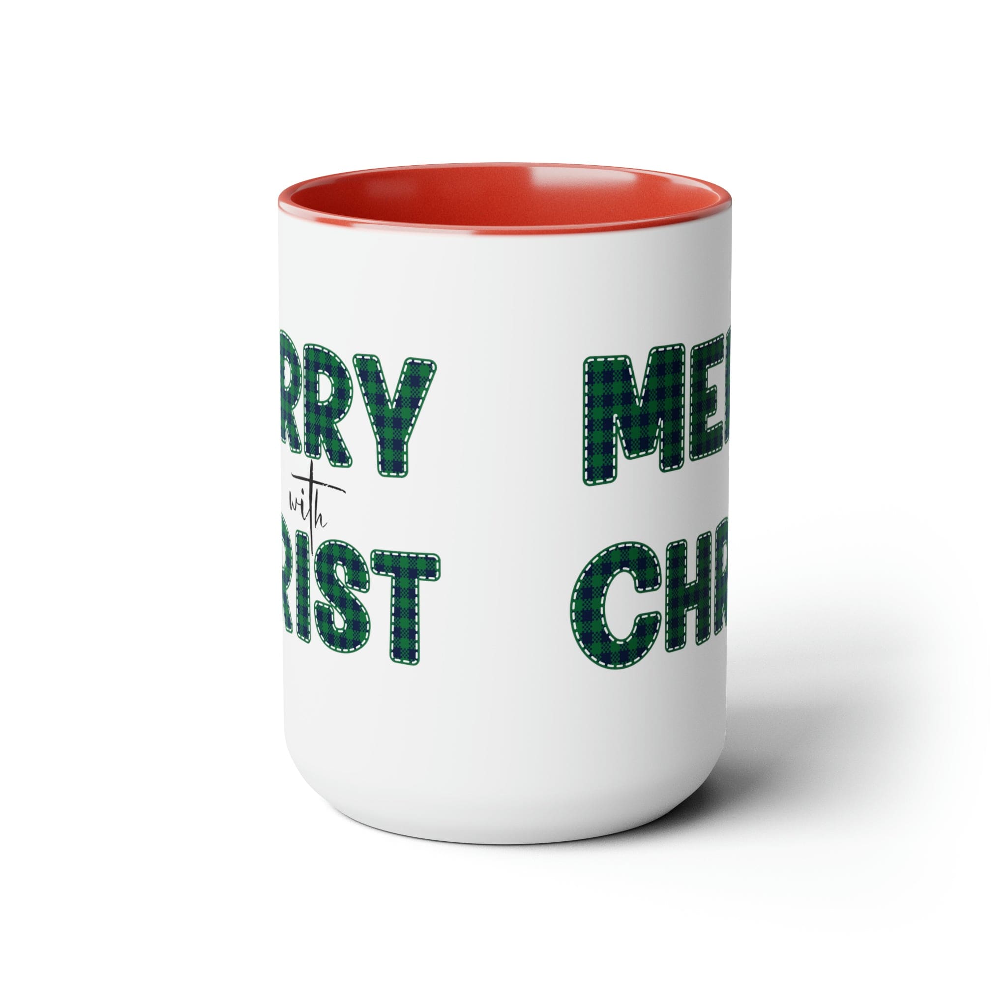 Accent Ceramic Coffee Mug 15oz featuring a Merry with Christ design in a green plaid pattern, perfect for holiday beverages.