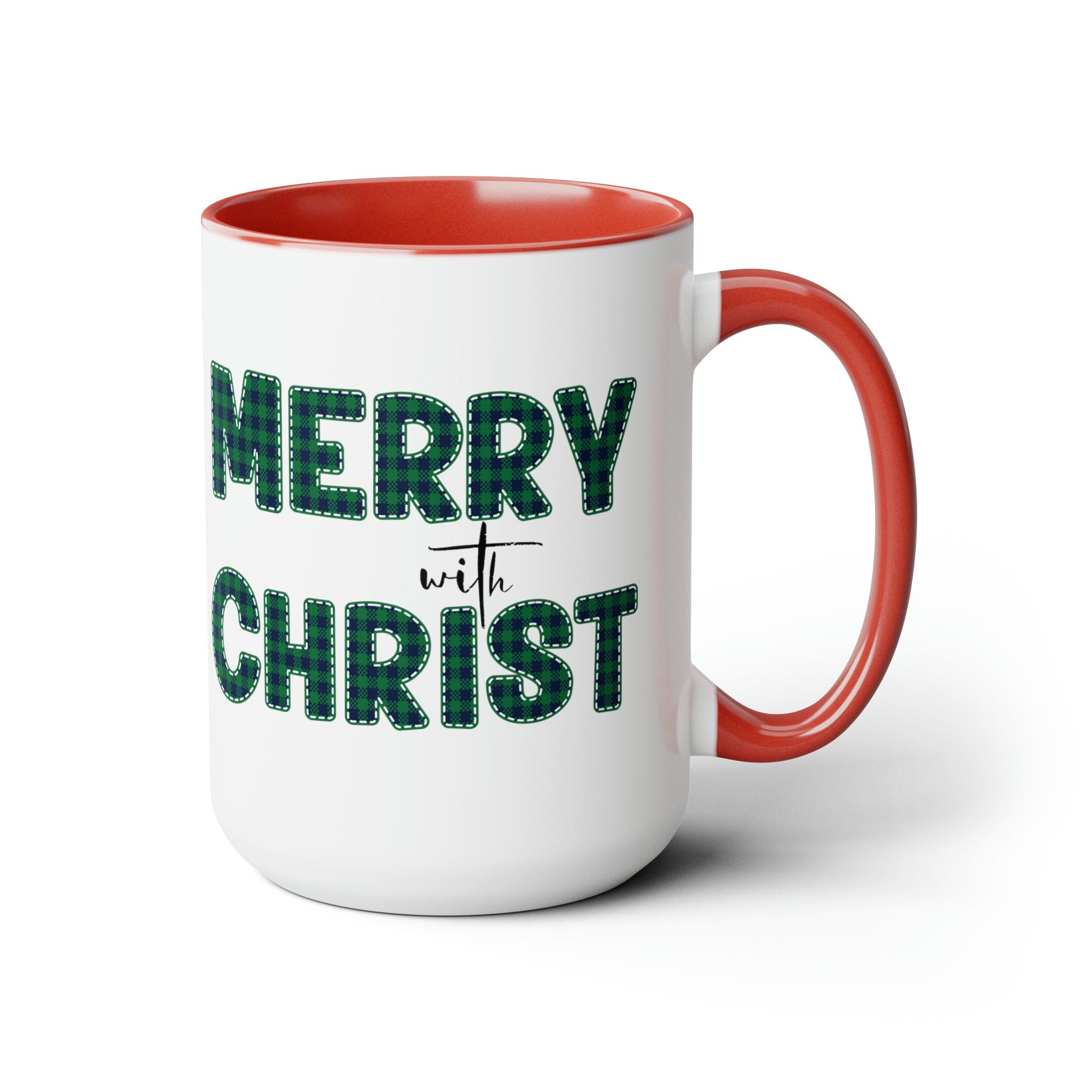 Accent Ceramic Coffee Mug 15oz featuring a Merry with Christ design in a green plaid pattern, perfect for holiday beverages.