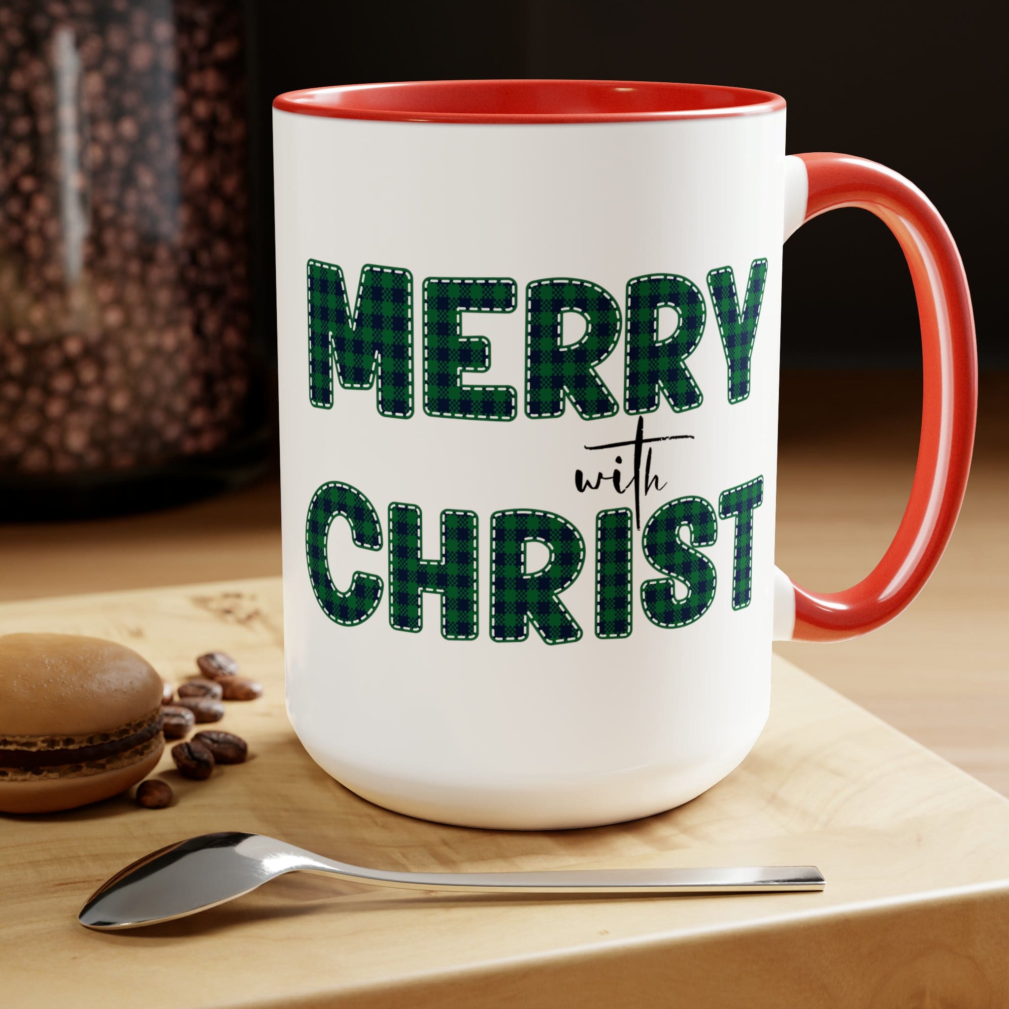 Accent Ceramic Coffee Mug 15oz featuring a Merry with Christ design in a green plaid pattern, perfect for holiday beverages.