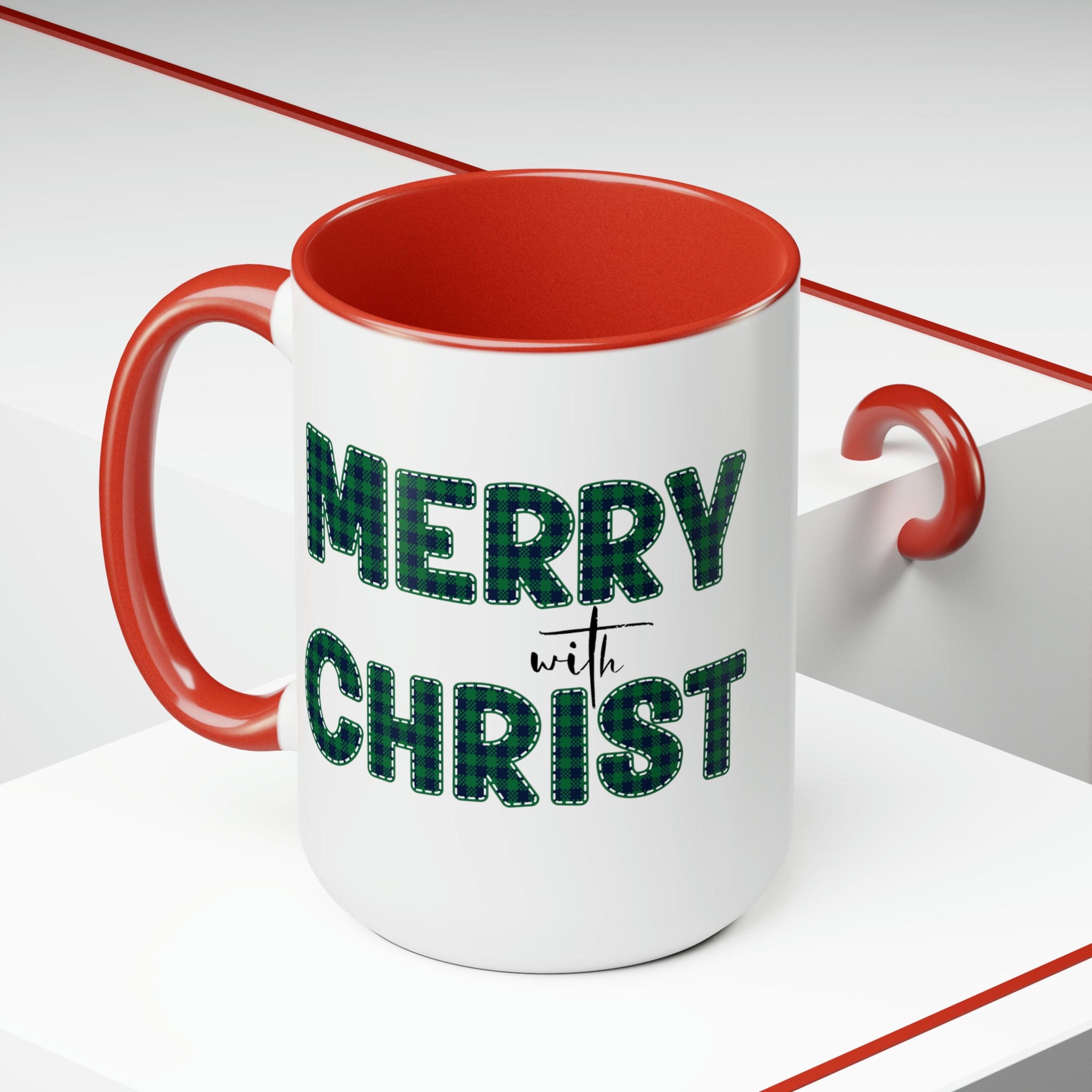 Accent Ceramic Coffee Mug 15oz featuring a Merry with Christ design in a green plaid pattern, perfect for holiday beverages.