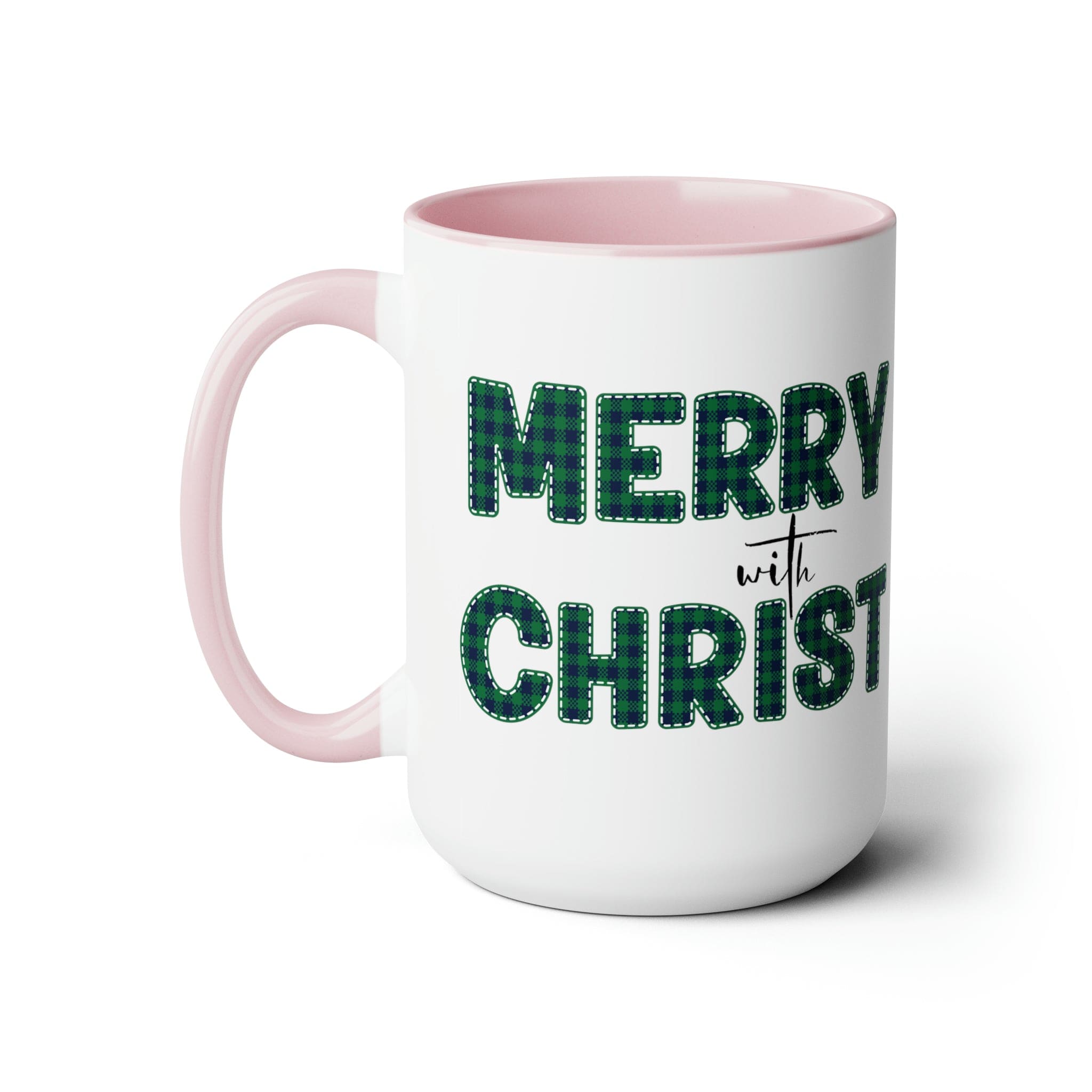 Accent Ceramic Coffee Mug 15oz featuring a Merry with Christ design in a green plaid pattern, perfect for holiday beverages.