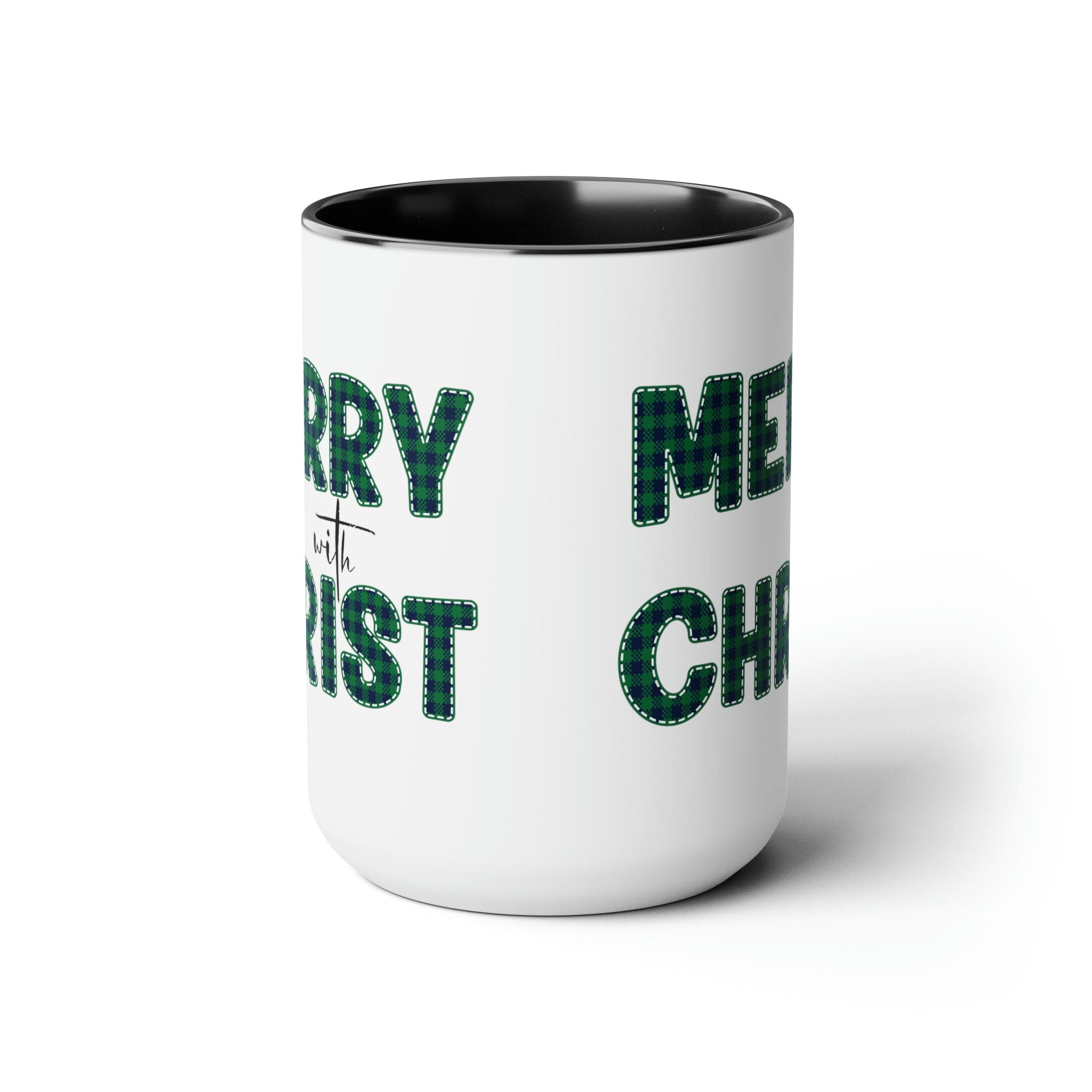 Accent Ceramic Coffee Mug 15oz featuring a Merry with Christ design in a green plaid pattern, perfect for holiday beverages.