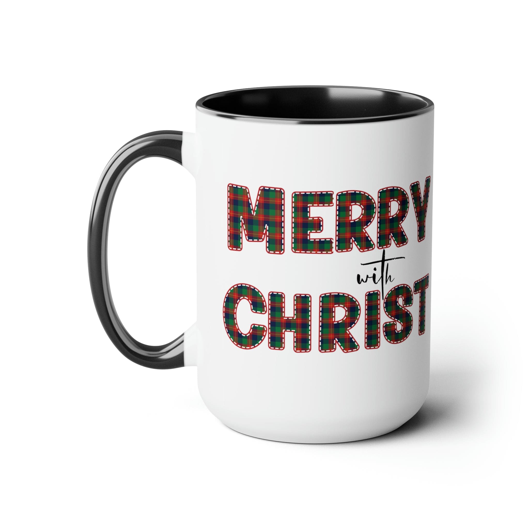 Accent Ceramic Coffee Mug 15oz featuring a Merry with Christ design in red and green plaid, perfect for holiday beverages.