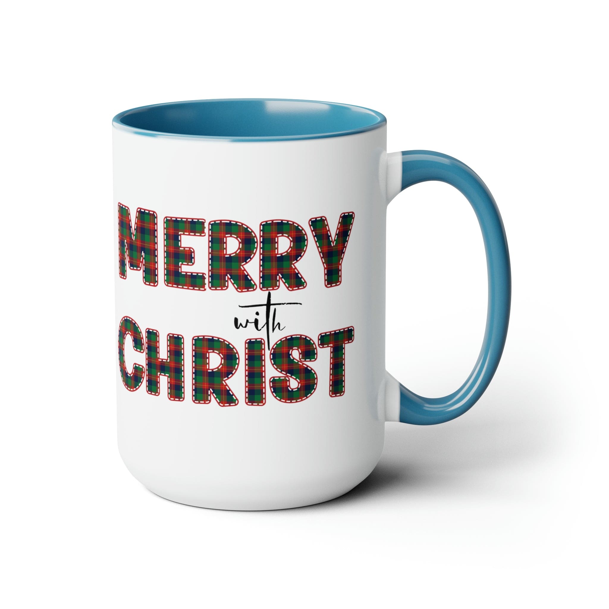 Accent Ceramic Coffee Mug 15oz featuring a Merry with Christ design in red and green plaid, perfect for holiday beverages.