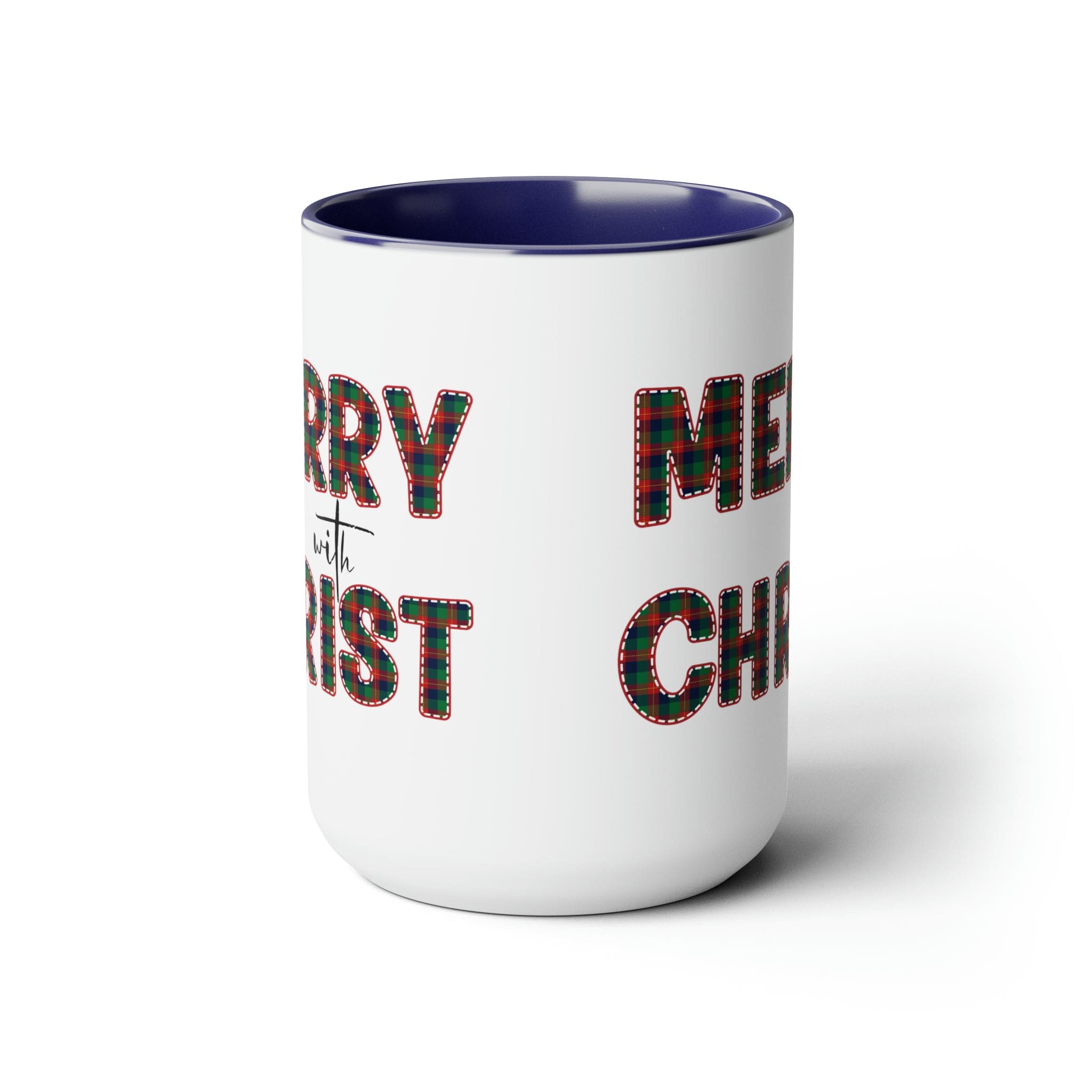 Accent Ceramic Coffee Mug 15oz featuring a Merry with Christ design in red and green plaid, perfect for holiday beverages.