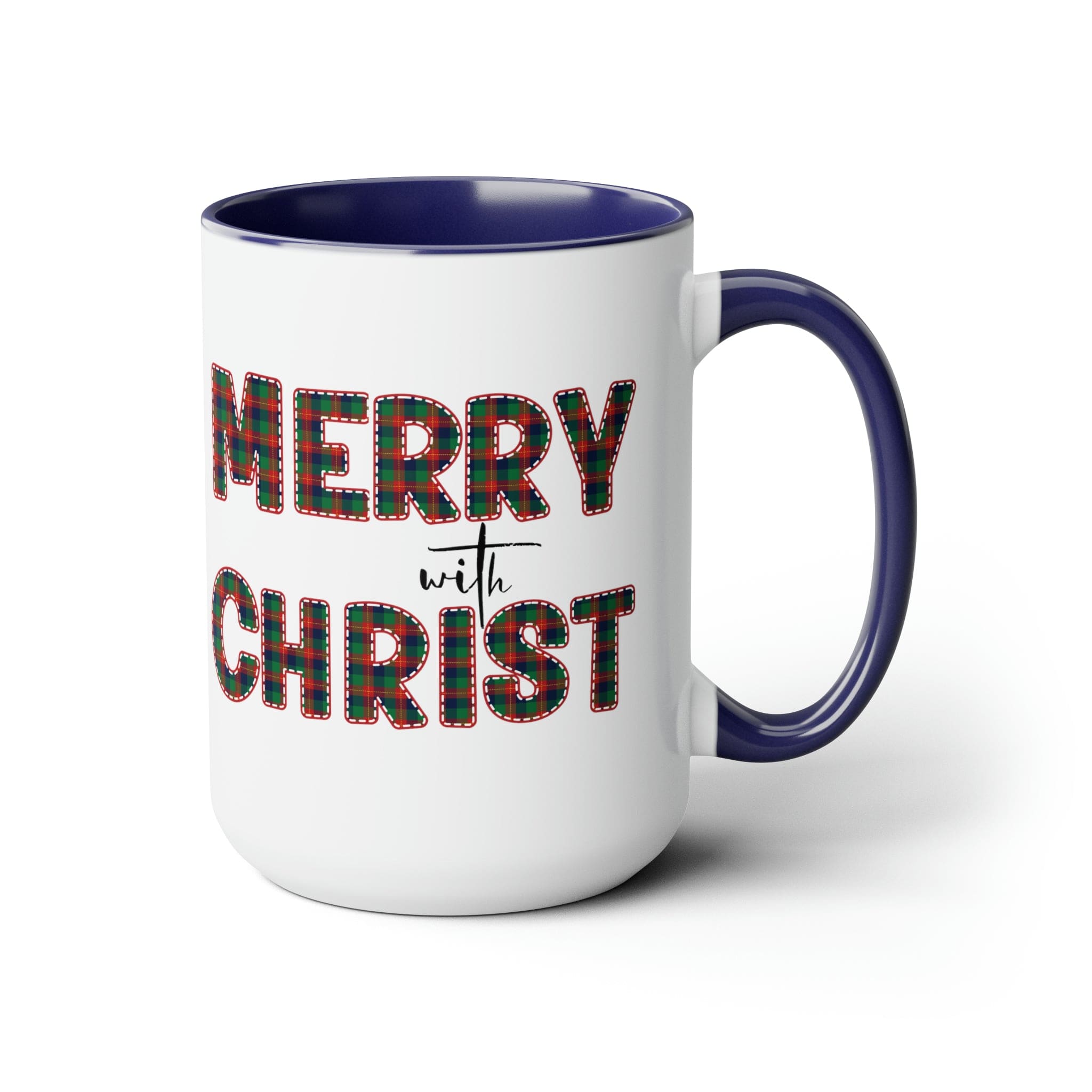 Accent Ceramic Coffee Mug 15oz featuring a Merry with Christ design in red and green plaid, perfect for holiday beverages.