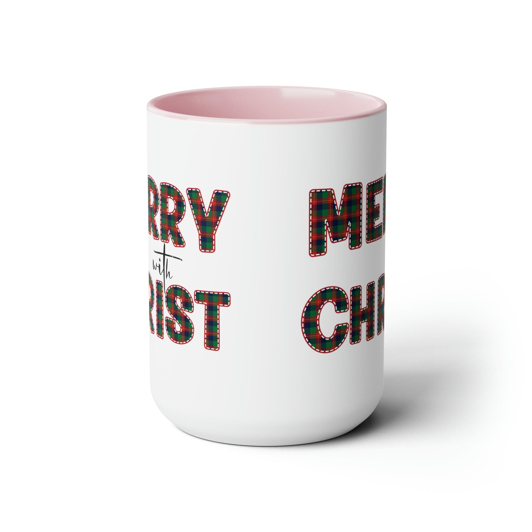 Accent Ceramic Coffee Mug 15oz featuring a Merry with Christ design in red and green plaid, perfect for holiday beverages.