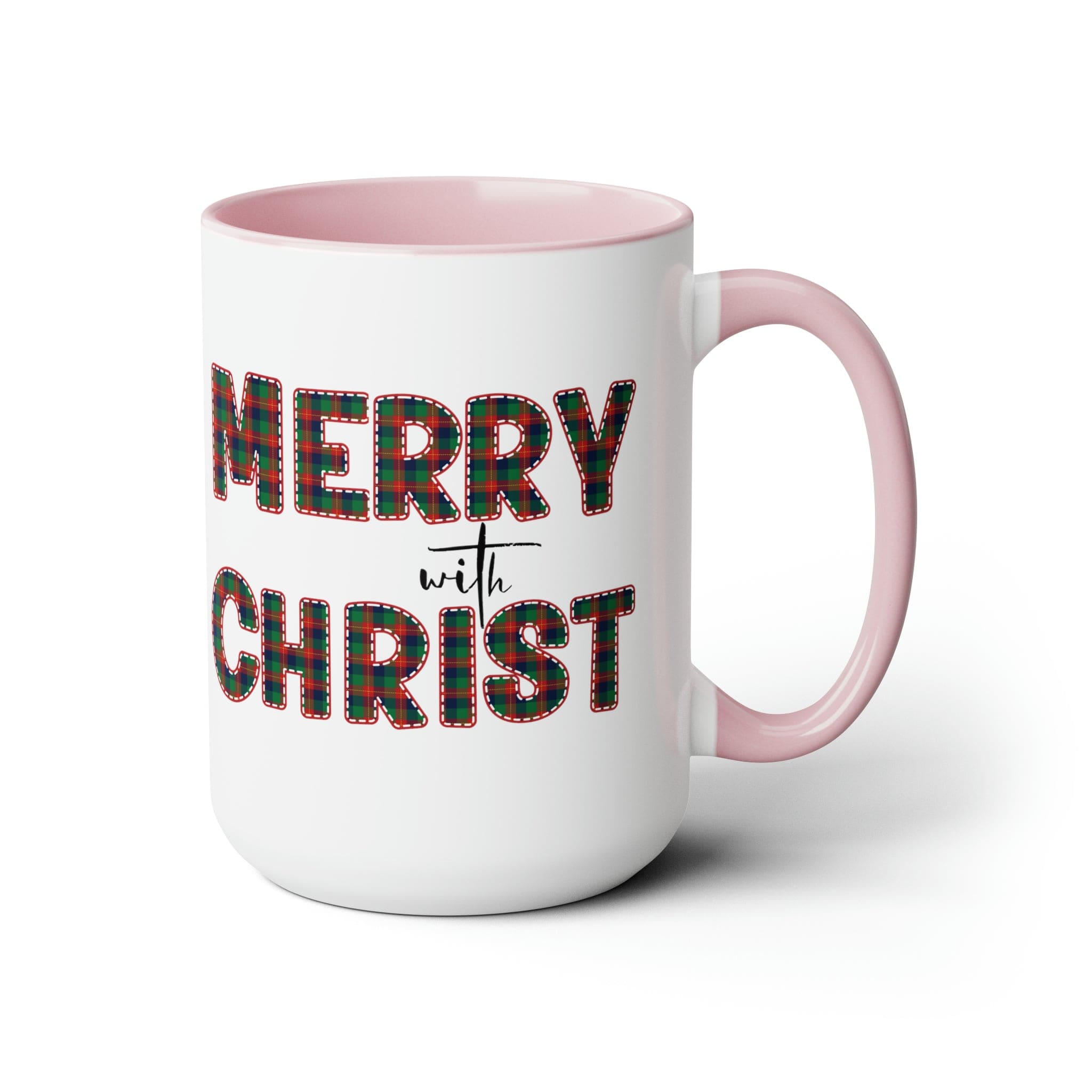 Accent Ceramic Coffee Mug 15oz featuring a Merry with Christ design in red and green plaid, perfect for holiday beverages.