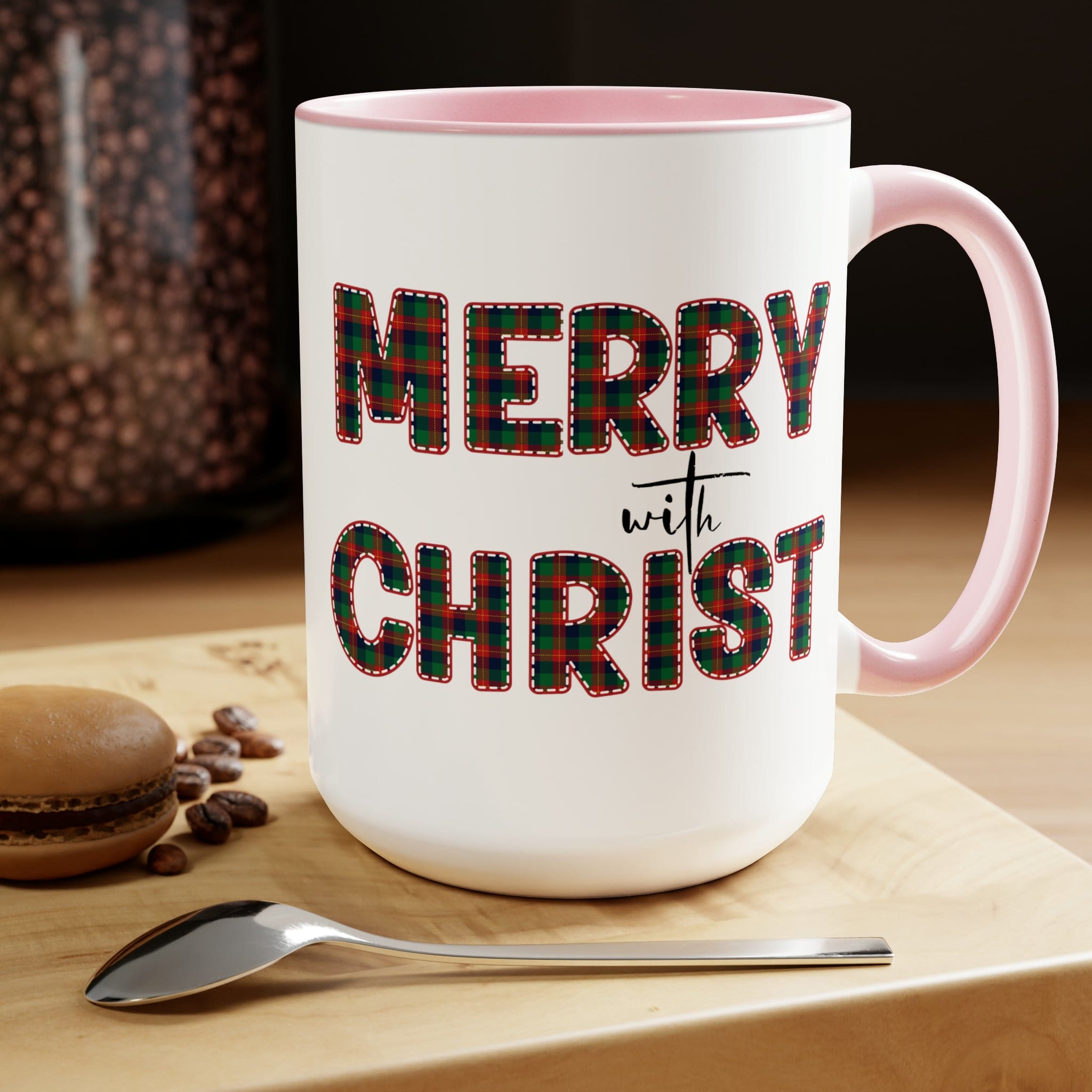 Accent Ceramic Coffee Mug 15oz featuring a Merry with Christ design in red and green plaid, perfect for holiday beverages.