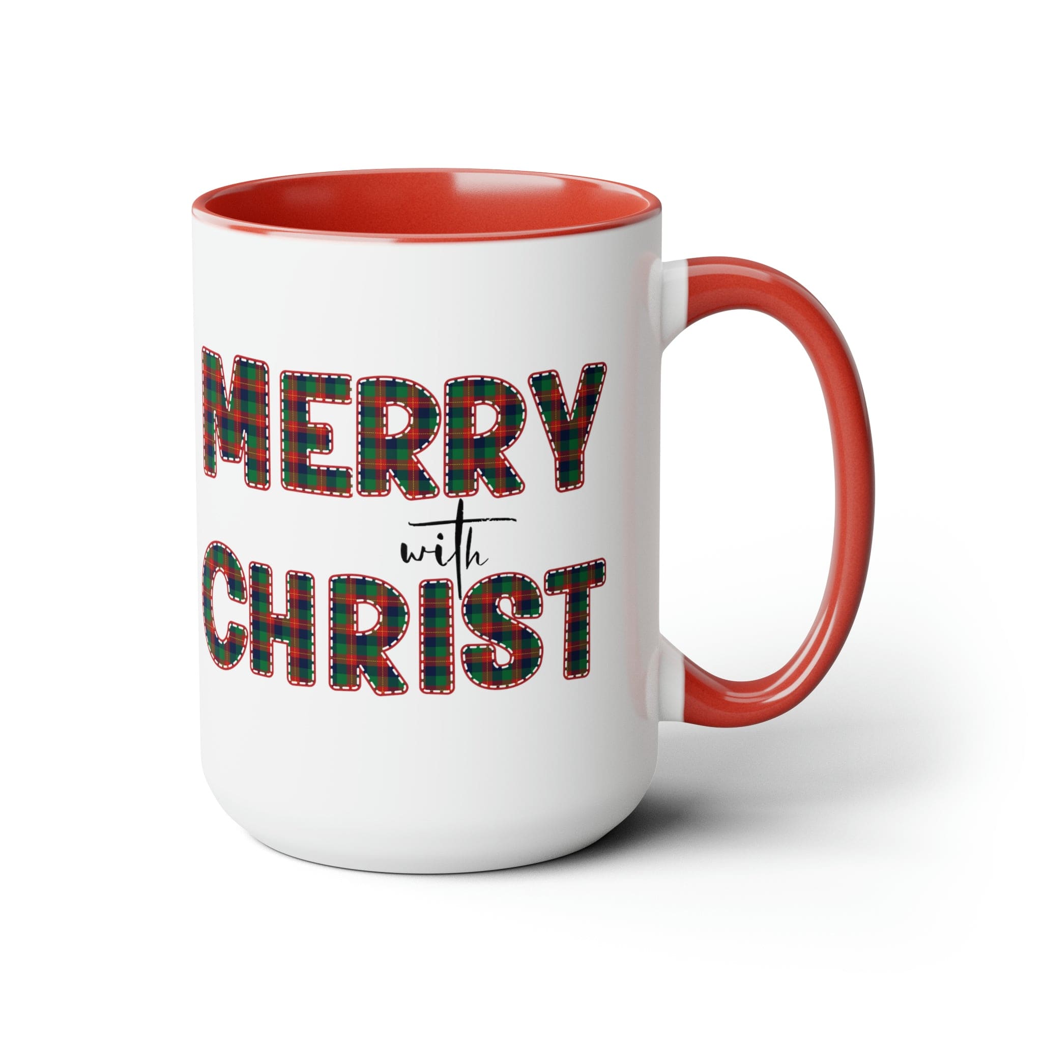 Accent Ceramic Coffee Mug 15oz featuring a Merry with Christ design in red and green plaid, perfect for holiday beverages.