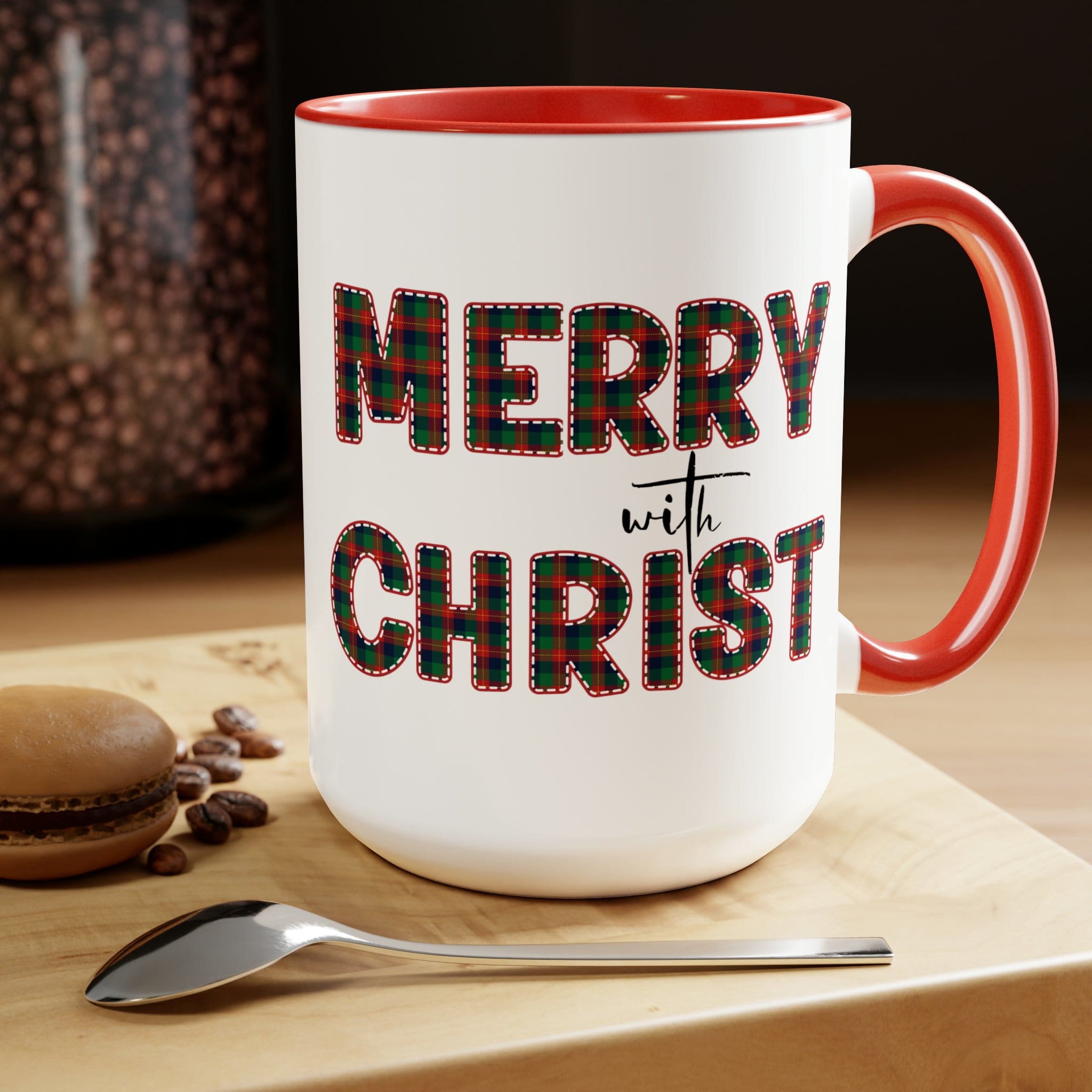 Accent Ceramic Coffee Mug 15oz featuring a Merry with Christ design in red and green plaid, perfect for holiday beverages.