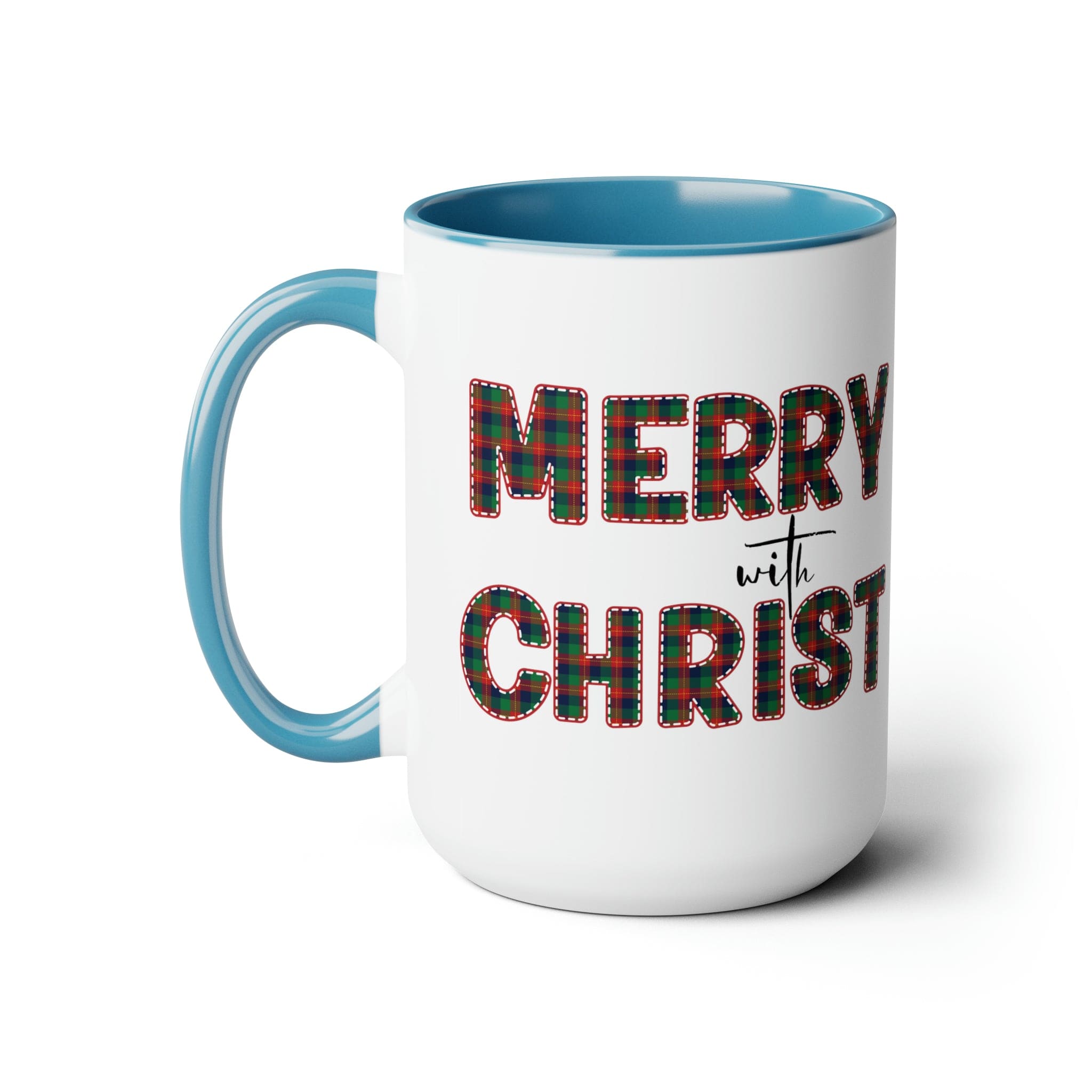 Accent Ceramic Coffee Mug 15oz featuring a Merry with Christ design in red and green plaid, perfect for holiday beverages.