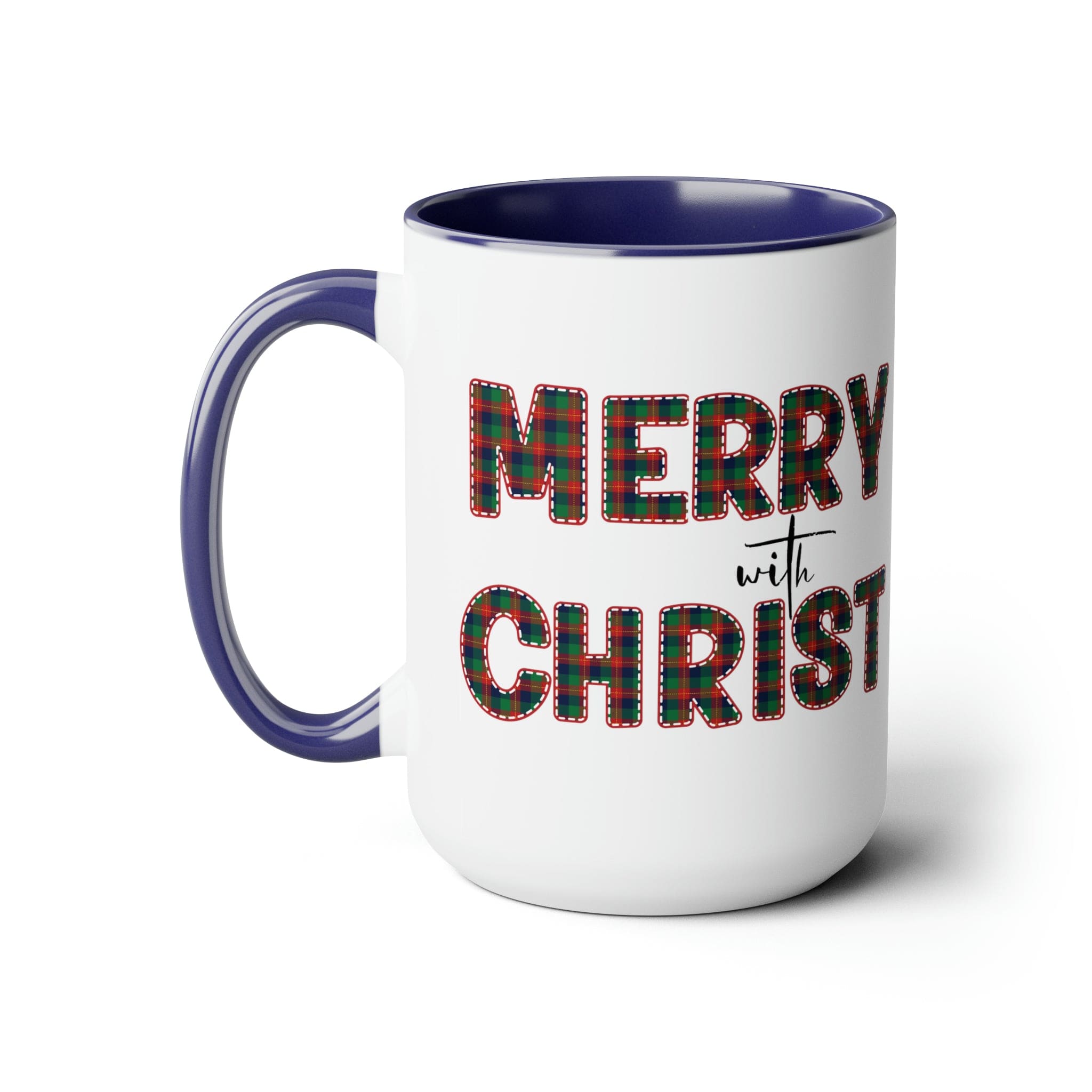 Accent Ceramic Coffee Mug 15oz featuring a Merry with Christ design in red and green plaid, perfect for holiday beverages.