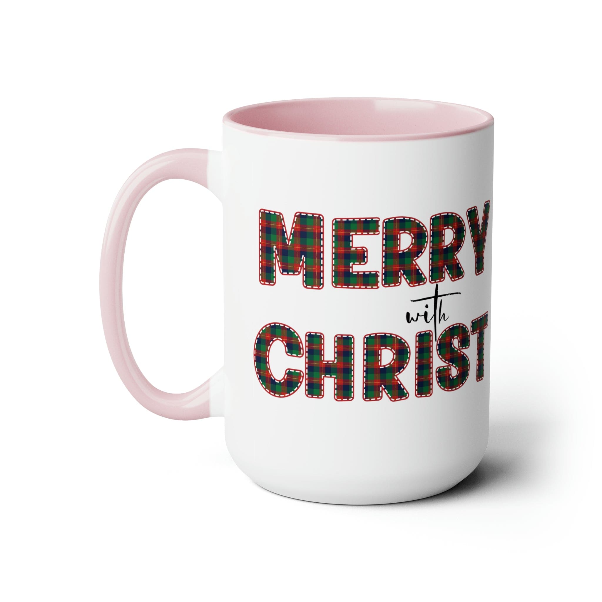 Accent Ceramic Coffee Mug 15oz featuring a Merry with Christ design in red and green plaid, perfect for holiday beverages.