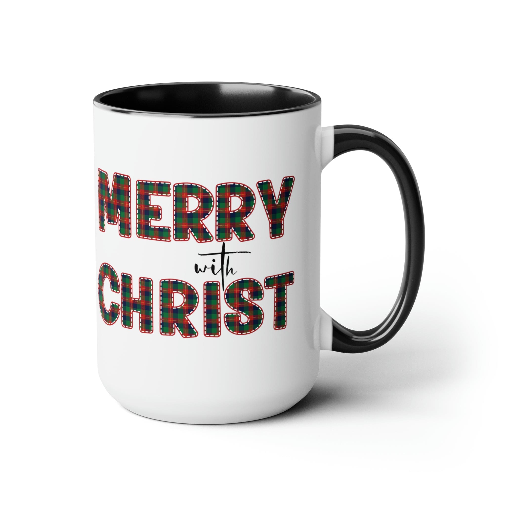 Accent Ceramic Coffee Mug 15oz featuring a Merry with Christ design in red and green plaid, perfect for holiday beverages.