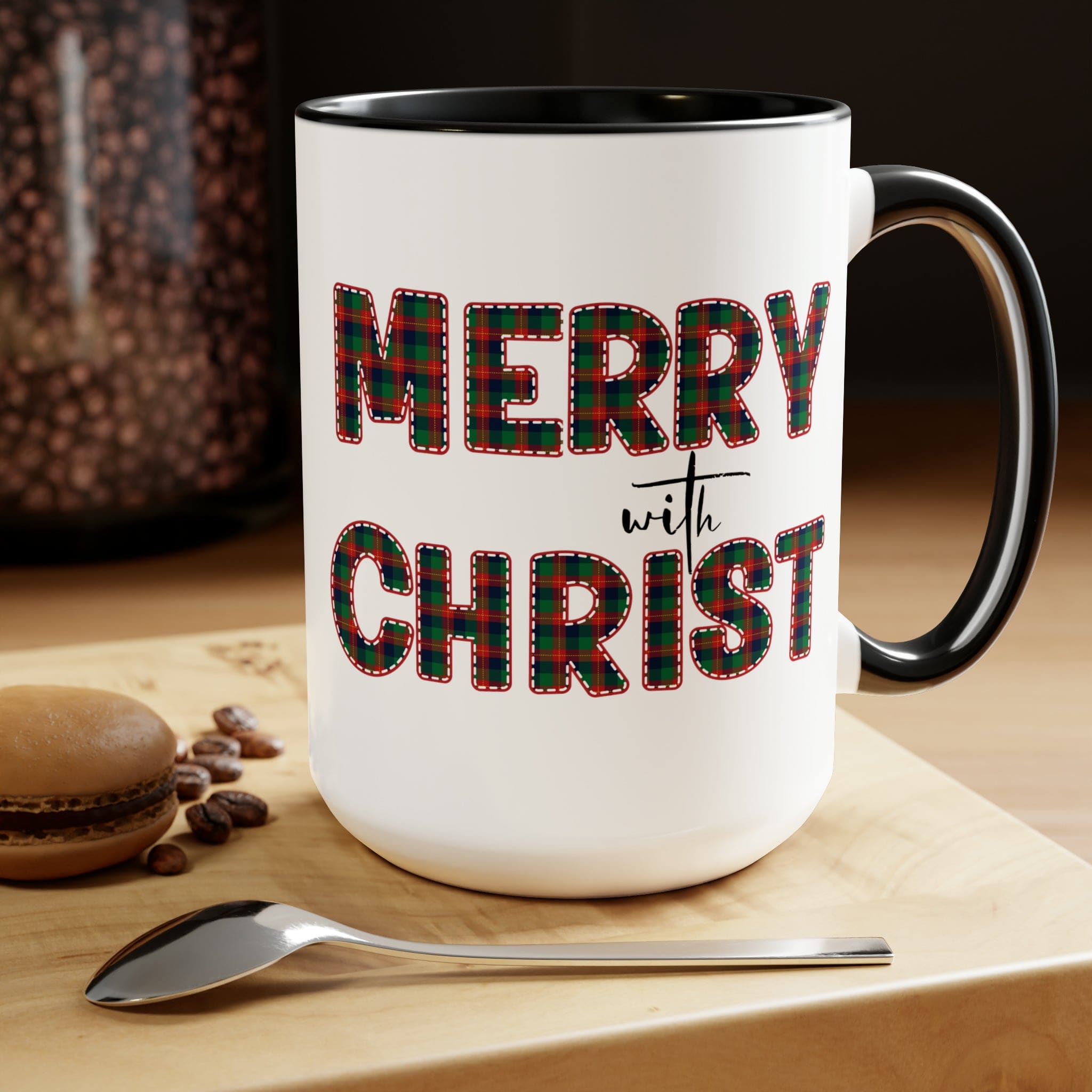 Accent Ceramic Coffee Mug 15oz featuring a Merry with Christ design in red and green plaid, perfect for holiday beverages.