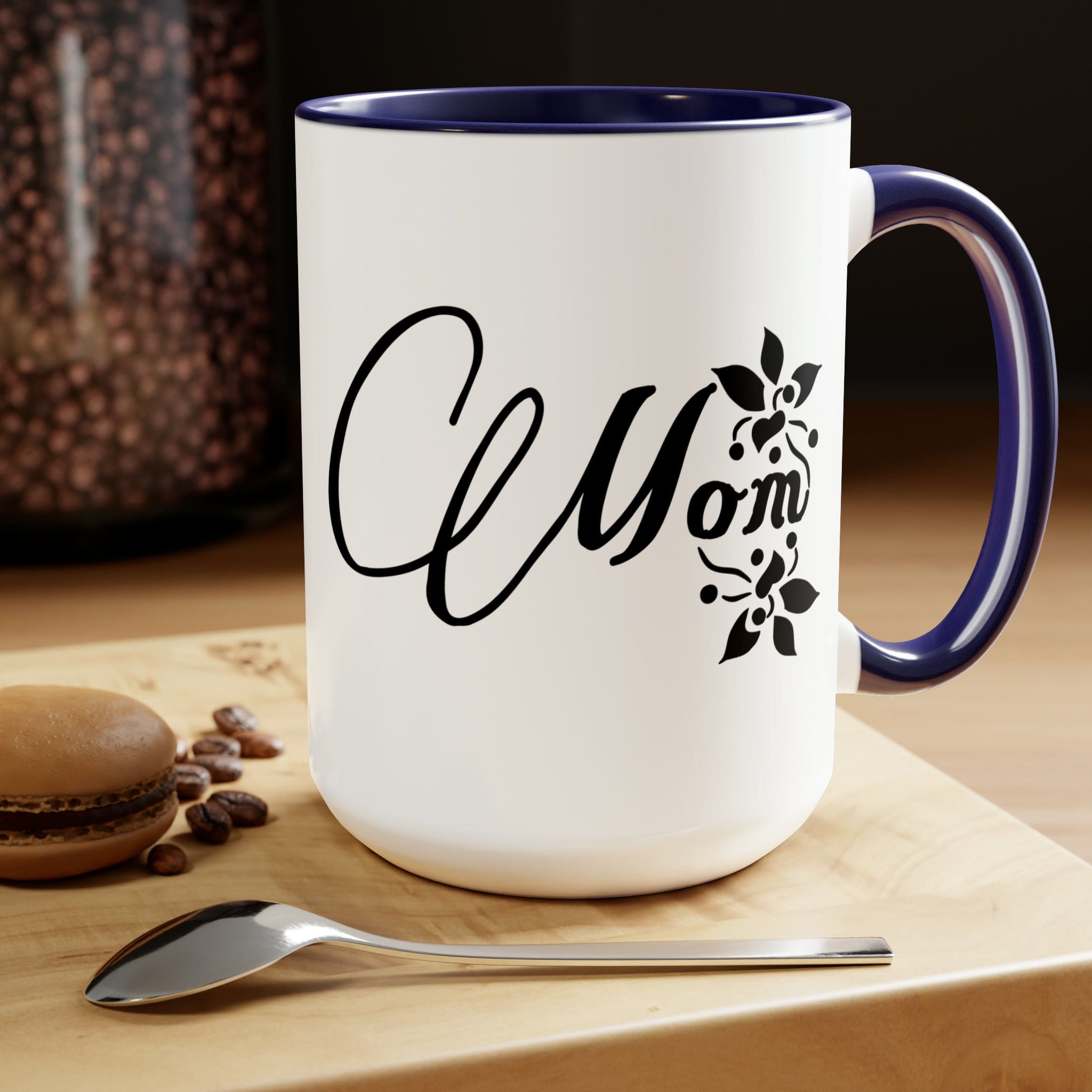 A stylish two-tone ceramic coffee mug with a white exterior and colored interior, featuring a comfortable C-handle, perfect for hot and cold beverages.