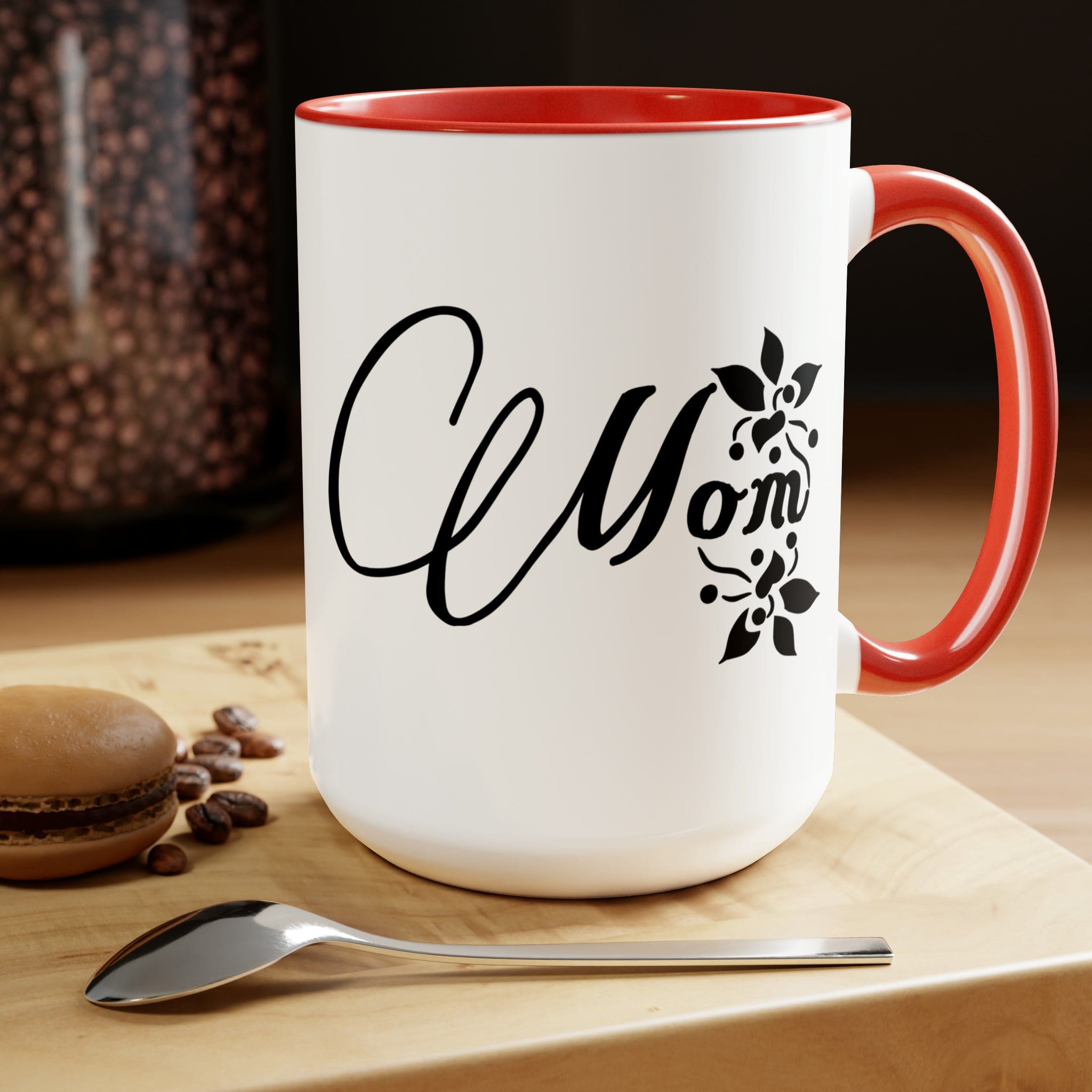 A stylish two-tone ceramic coffee mug with a white exterior and colored interior, featuring a comfortable C-handle, perfect for hot and cold beverages.